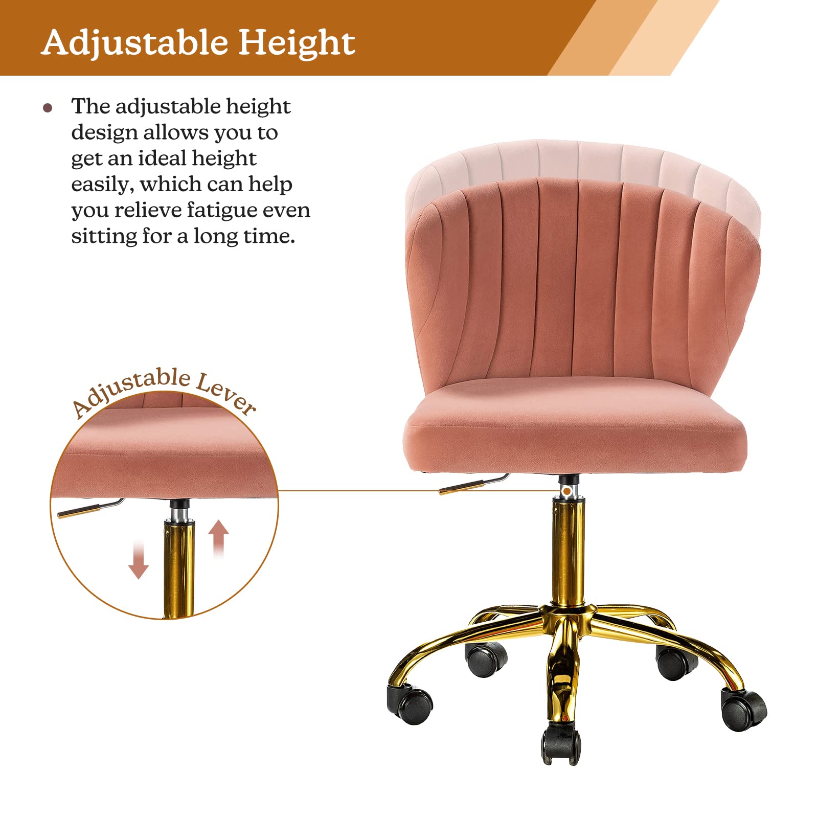 TINA'S HOME Modern Velvet Office Chair with Wheels & Gold Base - Adjustable Low Back Swivel Rolling Task Chair for Home Office, Study, Living Room, Vanity - Pink Velvet Armless Desk Chair for Women & Girls