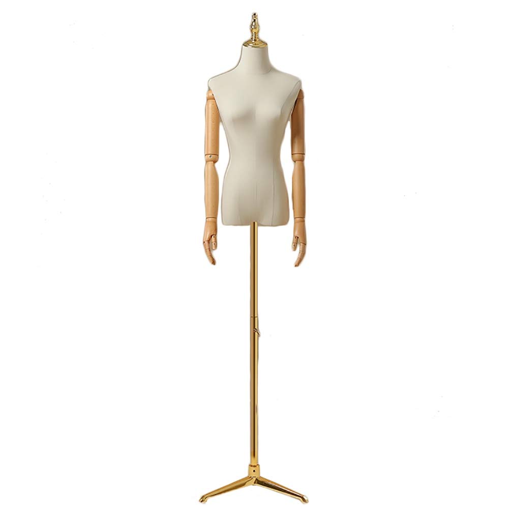 Adjustable Female Mannequin Dress Form with Wooden Bionic Arms & Gold Metal Base - Size S (Tripod Stand) for Boutique, Window Display & Fashion Photography