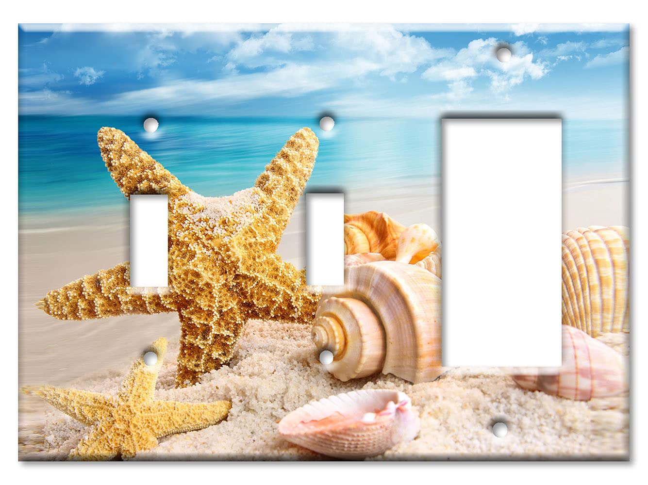 Art Plates - 3-Gang Combination Switch Plate Cover with Toggle & Decora Style - Ocean Beach Theme Featuring Sea Shells and Starfish - Made in USA - Perfect for Coastal Home Decor, Beach House, and Nautical Themed Rooms