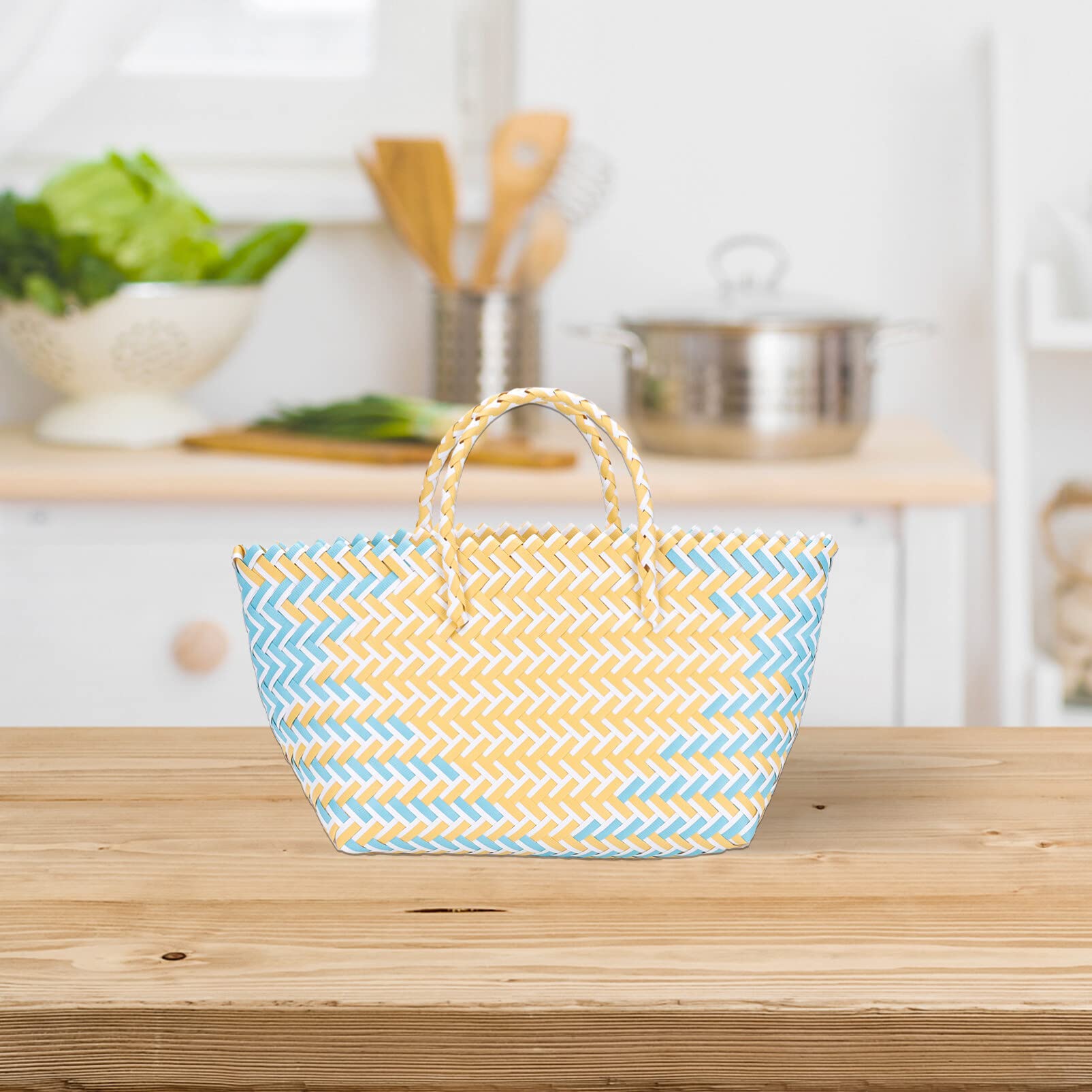 Handmade Moroccan Market Basket - Large Capacity French Wicker Straw Beach Bag for Women, Kids & Baby Toys - Perfect for Shopping, Laundry, Picnics & Beach Outings (Blue & Yellow)