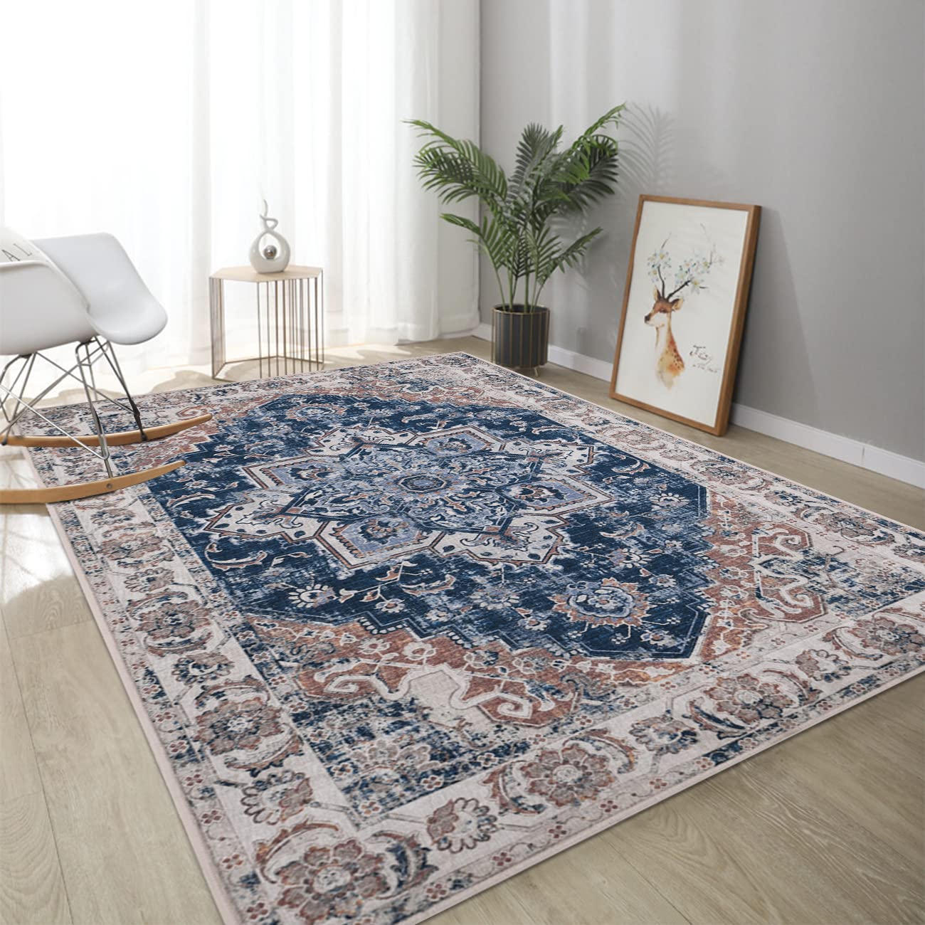 Wemina Vintage Bohemian Non-Slip Area Rug - 3'x5' Distressed Floral Medallion Oriental Accent Carpet - Perfect for Entryway, Bedroom, Bathroom & Kitchen Decor - Green Traditional Throw Rug for Home & Office Style