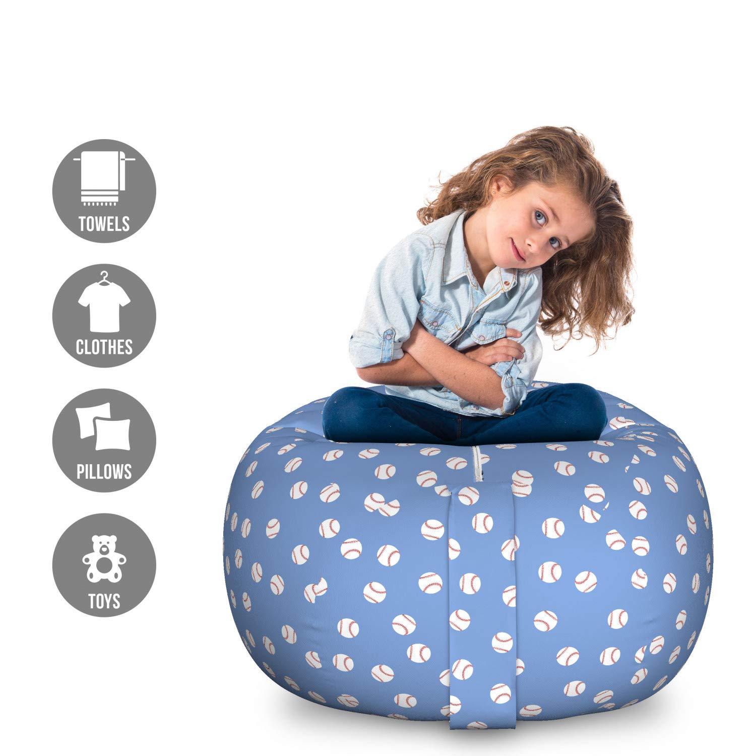 Ambesonne Baseball Toy Storage Bag Chair - Large Washable Organizer for Softballs, Stuffed Animals & Toys - Blue & Vermilion Sports-Themed Design - Perfect for Kids' Rooms, Playrooms & Sports Enthusiasts