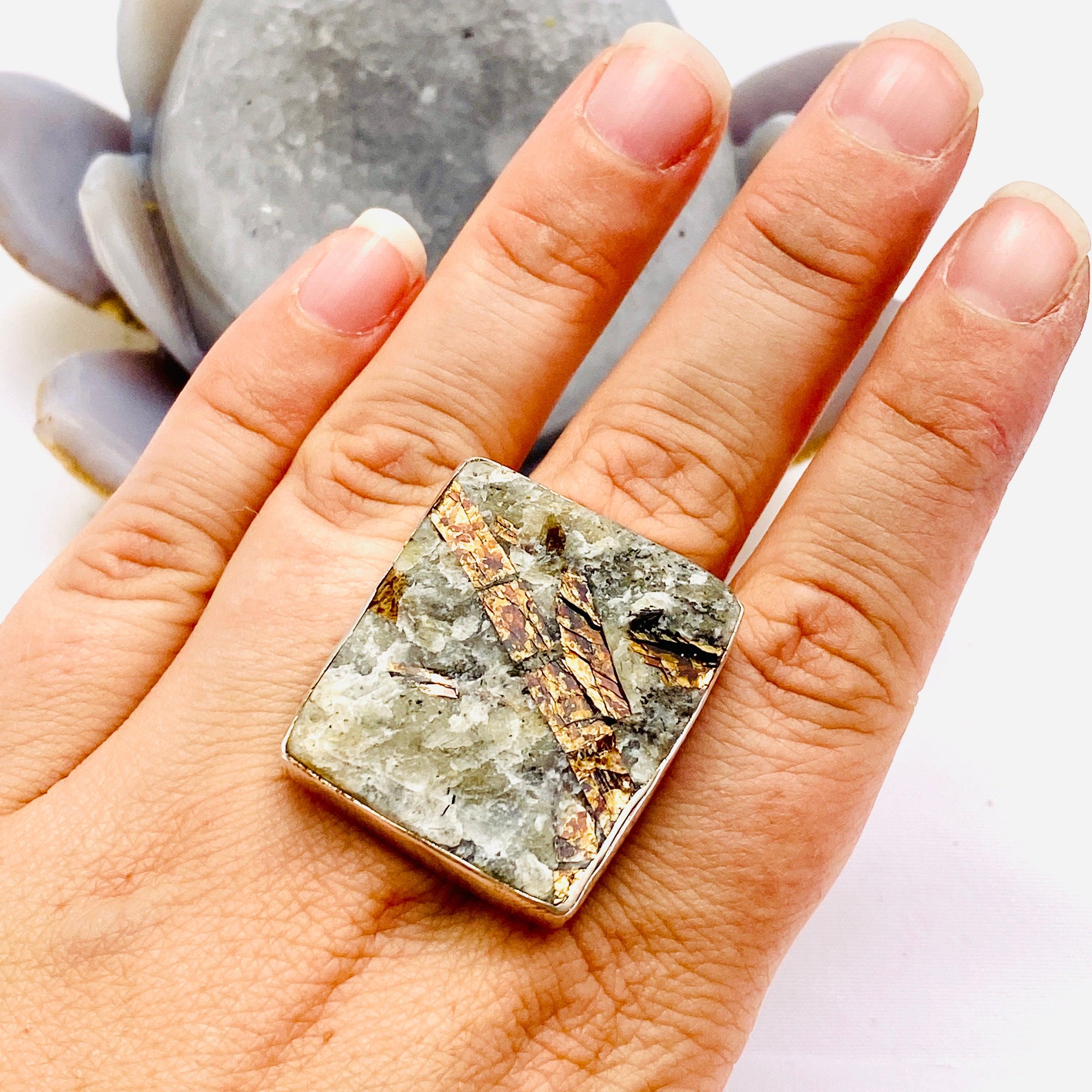 Golden Astrophylite Square Ring Size 11 KRGJ1483 - Unique Handmade Jewelry for Women, Boho Chic Style, Perfect for Gifts & Special Occasions