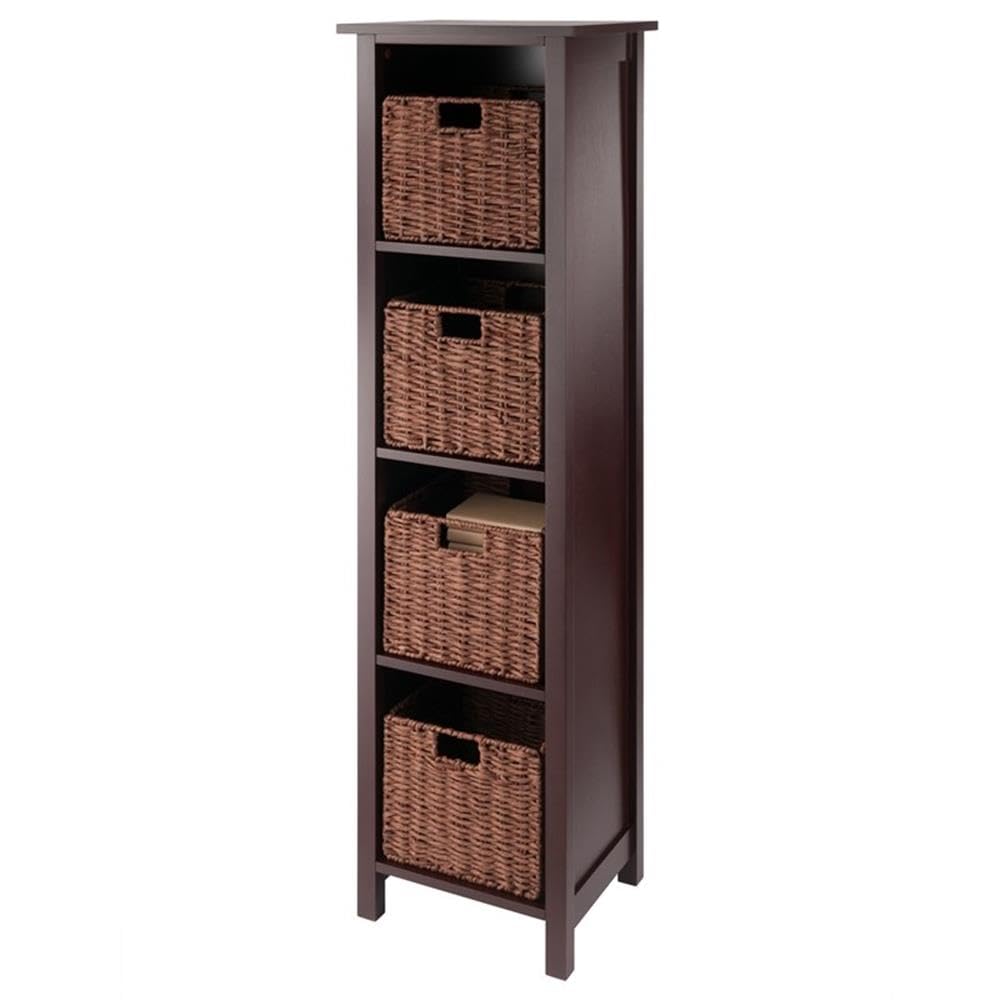 Winsome Wood Milan 5-Piece Storage Shelf with 4 Foldable Woven Baskets in Walnut - Space Saving Organizer for Bedroom, Living Room & Office