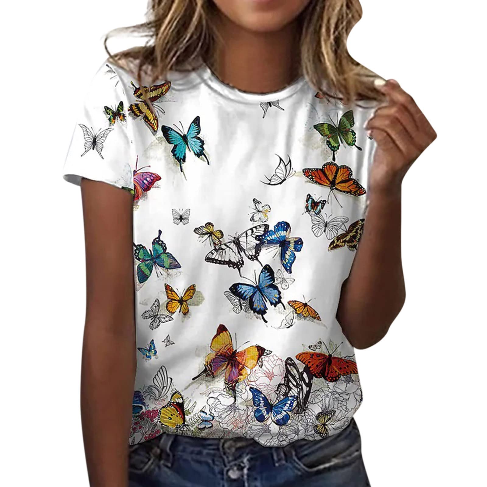 Women's Loose White Casual Printed Blouse - Short Sleeve Round Neck Flowy Top for Summer | Perfect for Beach Outings, Office Wear & Weekend Brunch