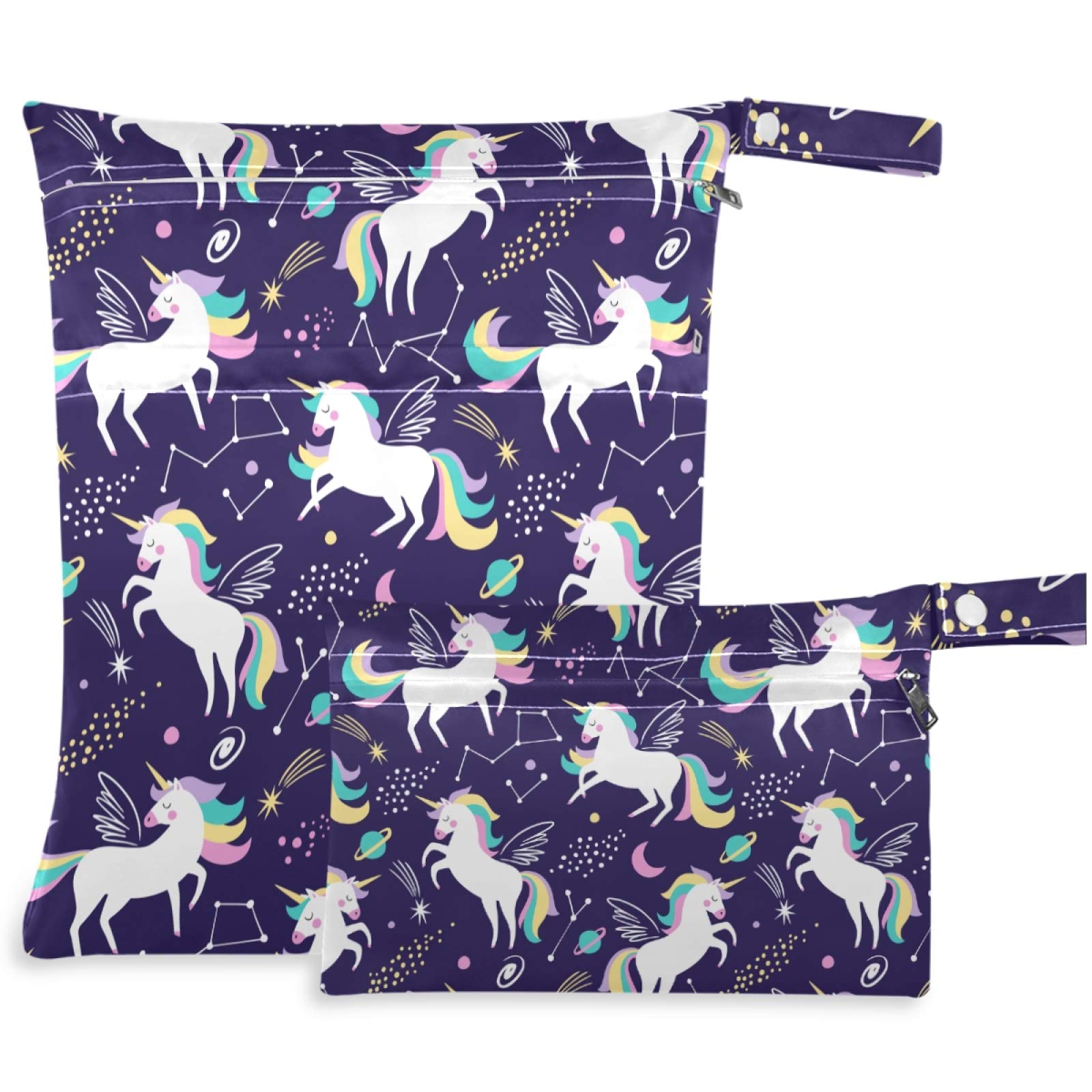 Visesunny 2-Pack Cute Unicorn Star Planet Wet Bags with Zipper Pockets - Washable & Reusable Waterproof Storage for Travel, Beach, Pool, Gym, Daycare - Perfect for Wet Swimsuits, Diapers, Dirty Clothes & Toiletries Organization