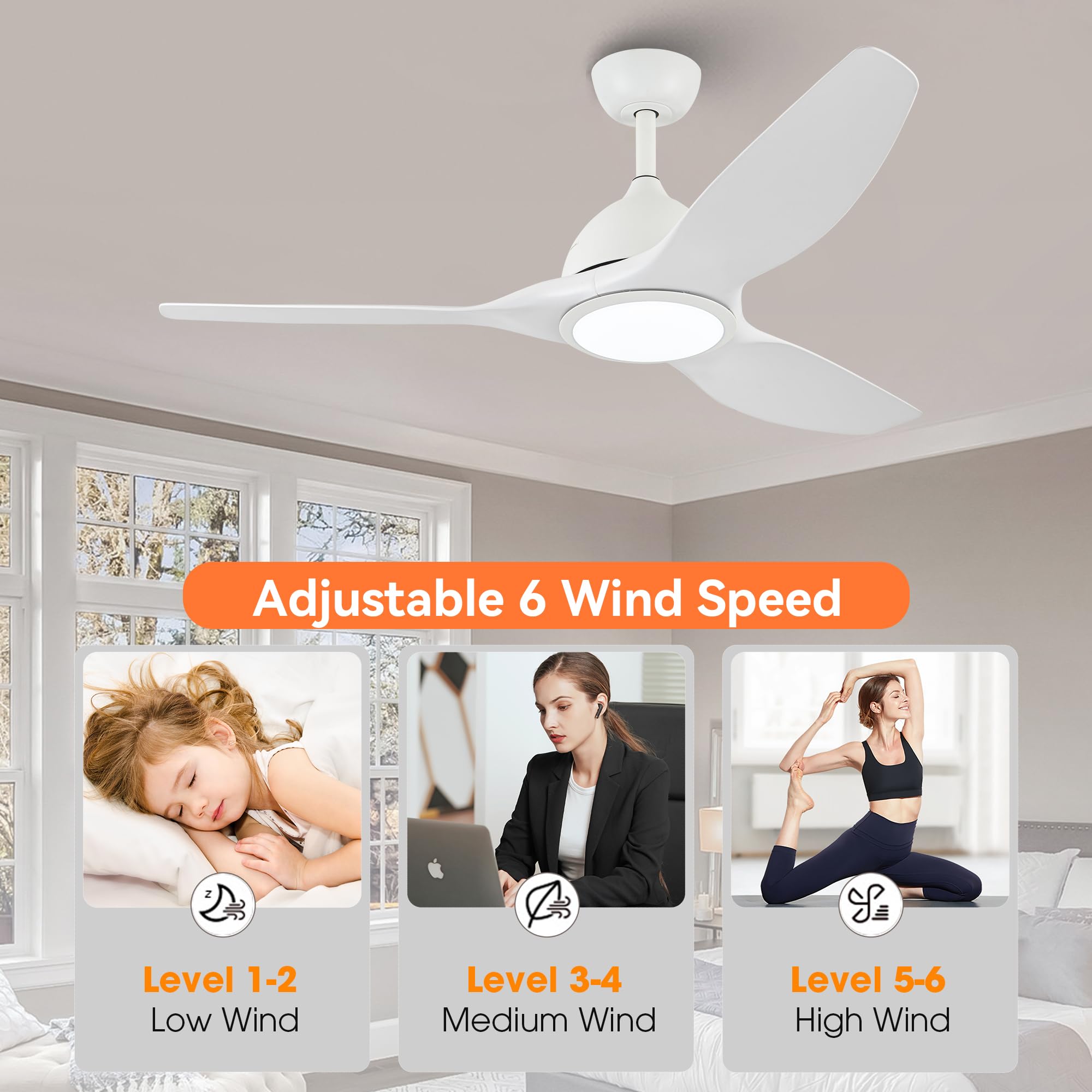 52 Inch Smart Ceiling Fan with LED Light and Remote Control - Quiet DC Motor, 3 Color Temperatures, ABS Blades - Perfect for Bedroom, Living Room, and Office (White)