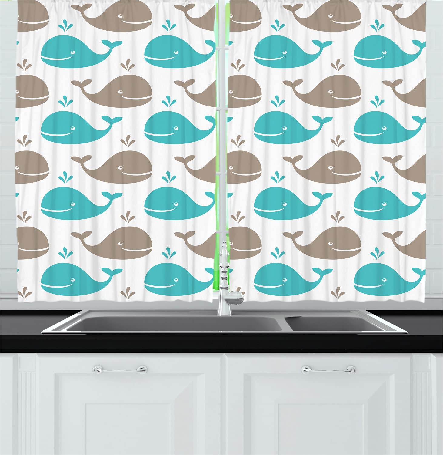 Ambesonne Sea Animals Kitchen Curtains - Smiling Whale Cartoon Design, 2 Panels Rod Pocket Drapes, 55