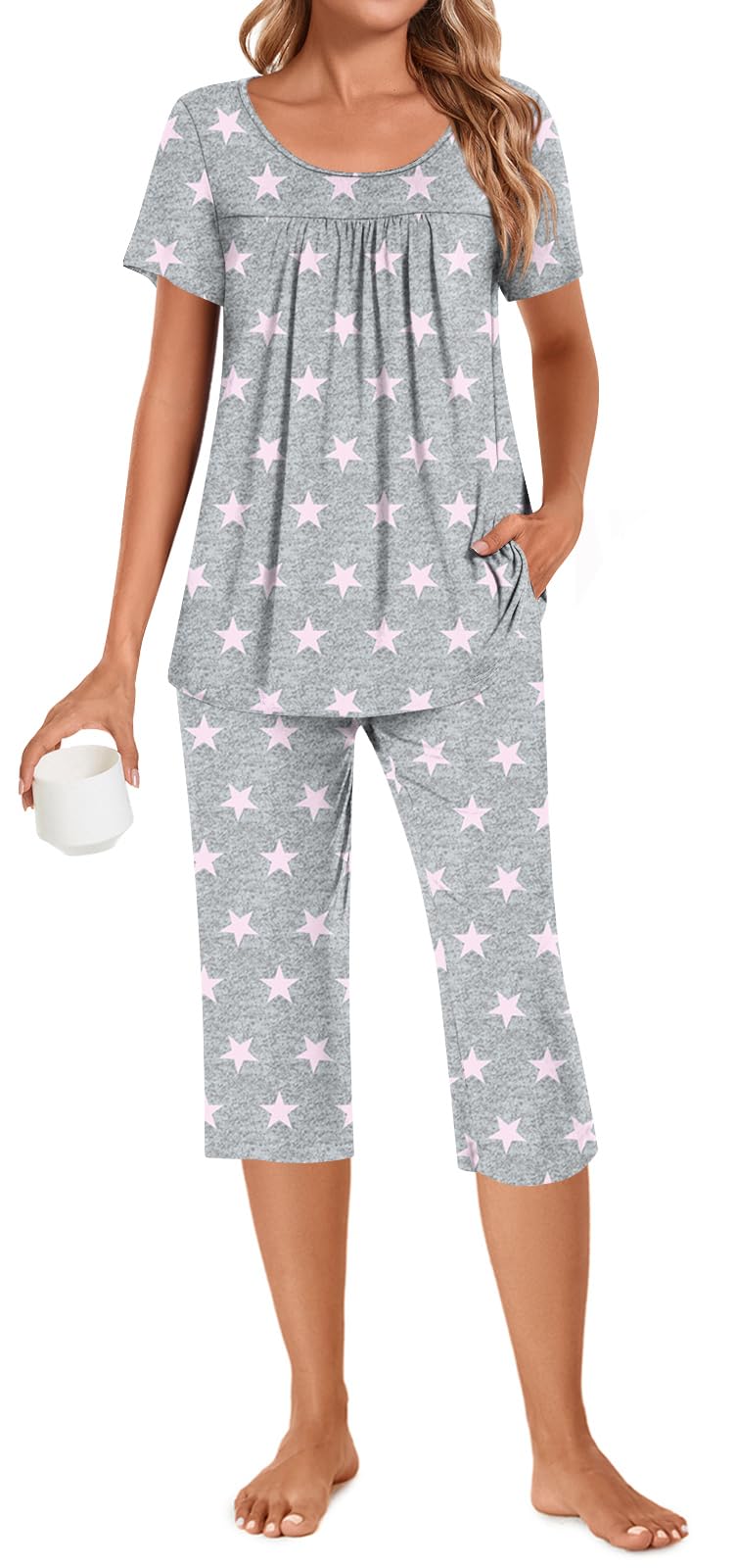 POPYOUNG Women's Summer Pajama Set - 2 Piece Loungewear with Pockets, Soft Sleepwear for Women, Comfy Capri PJs for Nightwear & Relaxing at Home