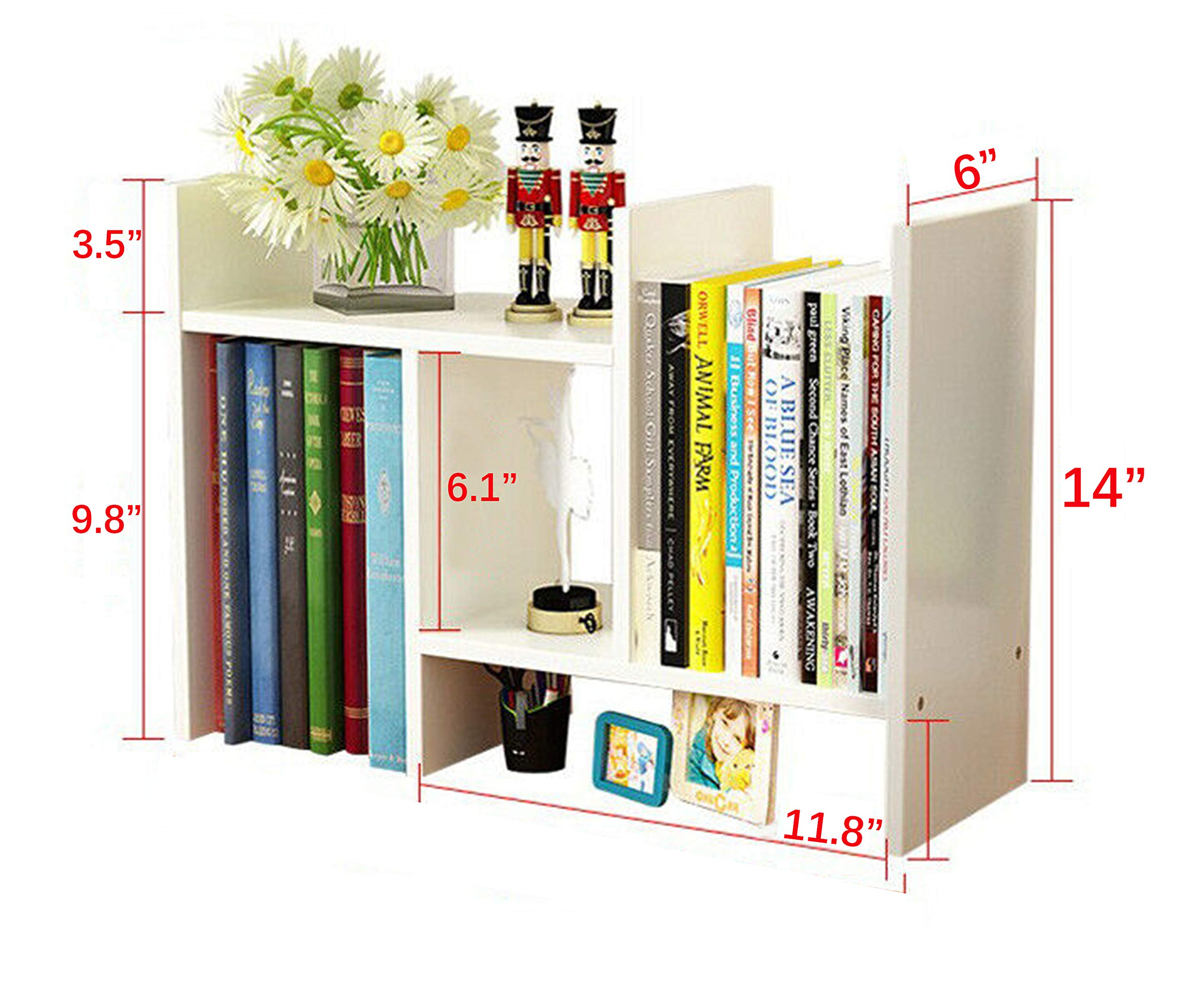 Adjustable Wooden Desktop Bookshelf Organizer - Office Desk Storage Rack with Free-Style Display, Natural Wood Stand for Books, Supplies & Decor | Perfect for Home Office, Study Room & Workspace (White)