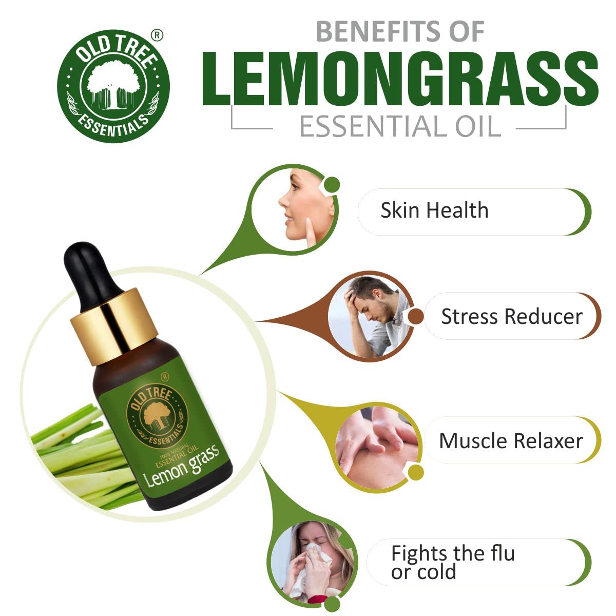Pure Natural Old Tree Lemongrass Essential Oil 15ml - Undiluted for Skin Care, Hair Growth, Aromatherapy & Insect Repellent - Therapeutic Grade with Glass Dropper - Perfect for Diffusers, Massage & DIY Beauty Products