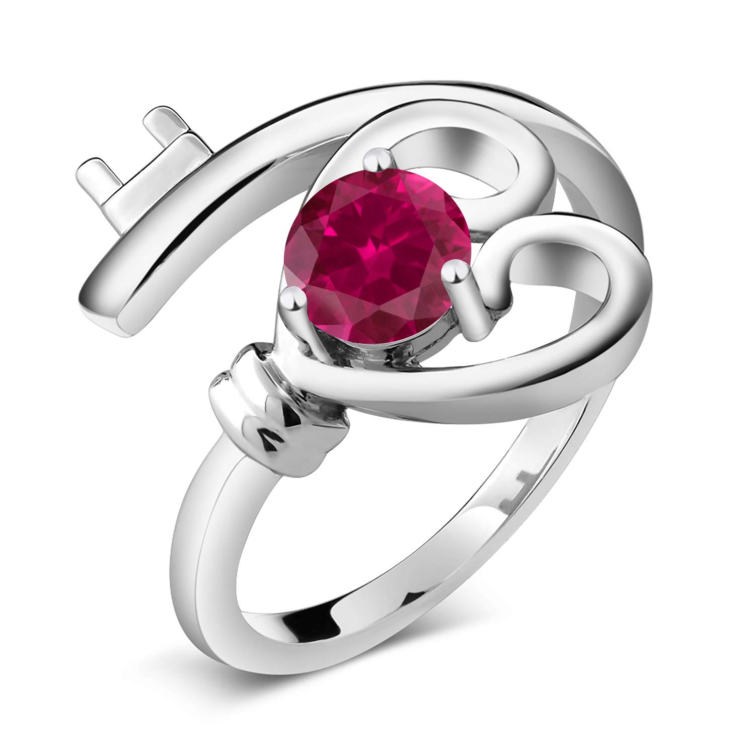 Gem Stone King 925 Sterling Silver Red Created Ruby Heart Key Ring - 0.60 Cttw, Round 5MM (Sizes 5-9) - Perfect Gift for Valentine's Day, Anniversary & Mother's Day