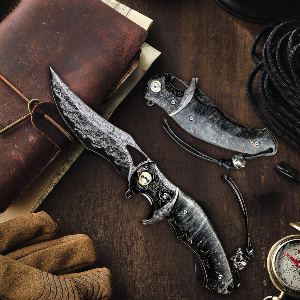 Premium Damascus Steel Hunting Knife with Exotic Stained Maple Wood Handle - Perfect for Outdoor Adventures, Camping, and Survival Gear
