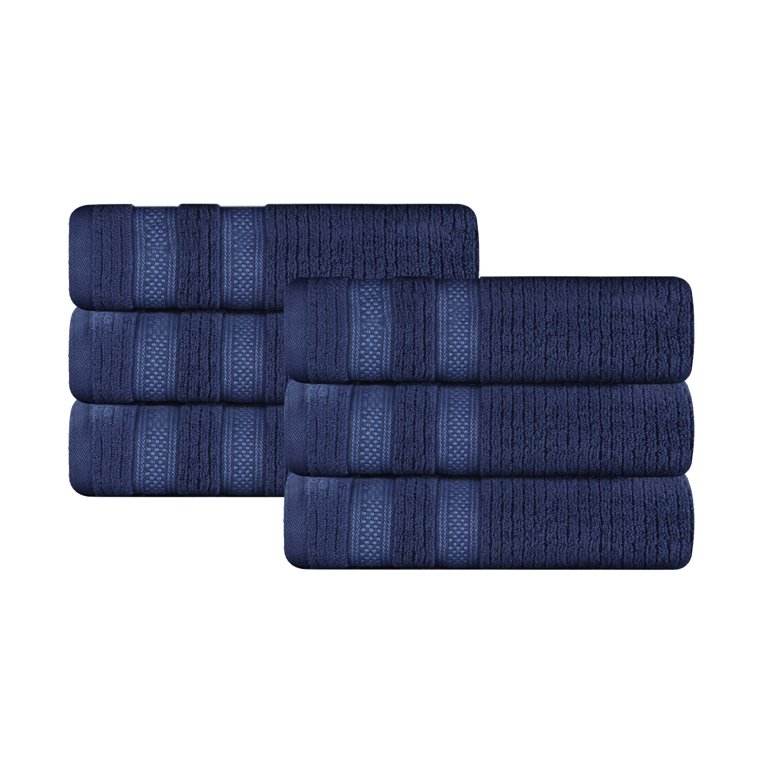 Premium 6-Pack Zero Twist Cotton Ribbed Geometric Border Plush Hand Towels - Ultra Soft & Absorbent for Bathroom, Kitchen, and Guest Use