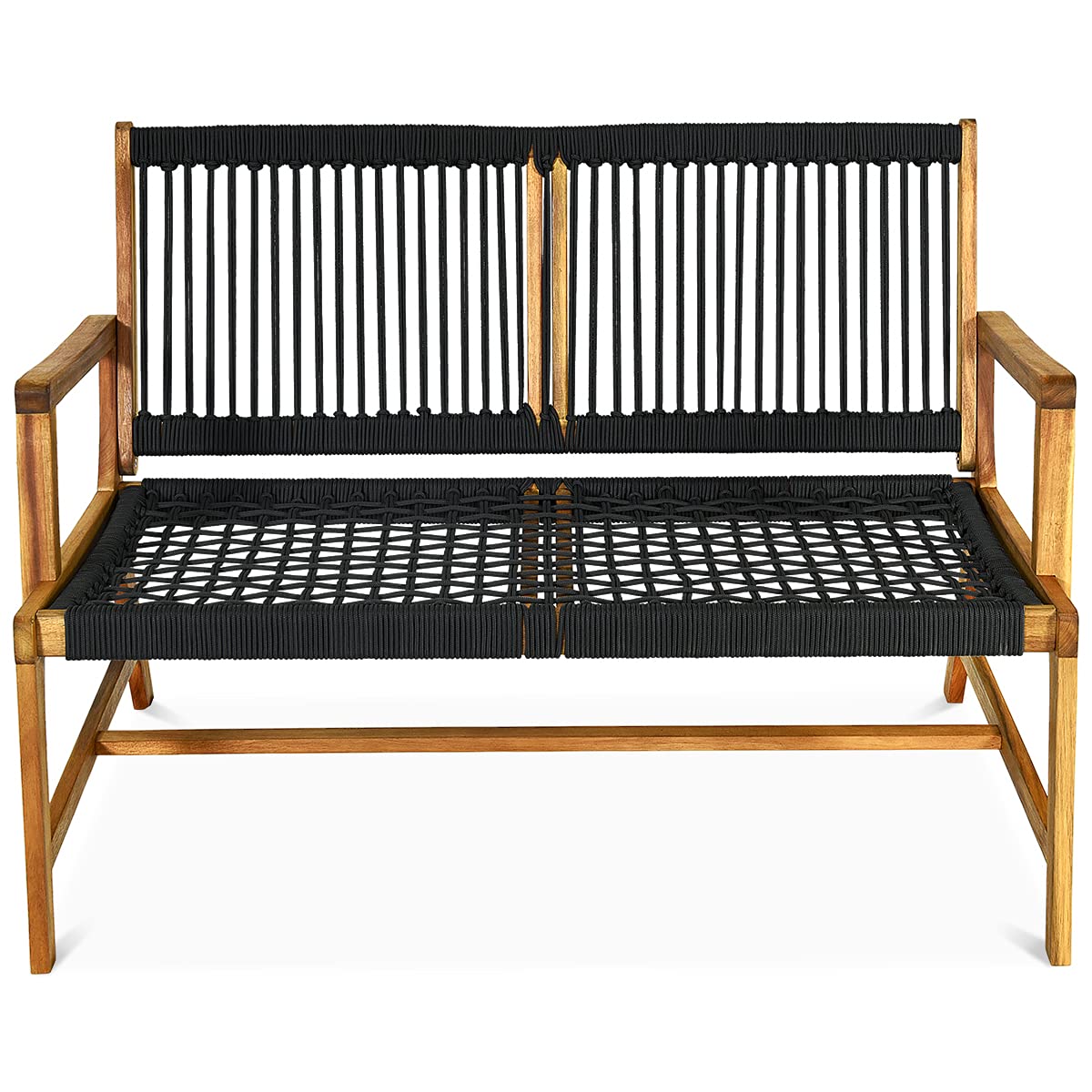 2-Person Acacia Wood Outdoor Patio Bench with Backrest & Armrest - Weatherproof Loveseat Rope Chair for Porch, Poolside, Garden & Balcony (Black) | Perfect for Relaxing, Entertaining & Outdoor Decor