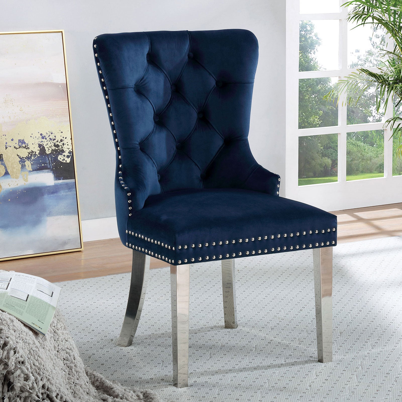 Modern Blue Flannel 2-Piece Side Chair Set - Button Tufted Upholstered Dining Chairs with Wingback Design - Perfect for Dining Rooms, Breakfast Nooks & Home Offices
