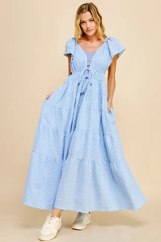 Crinkled Texture Blue Summer Midi Dress - Flowy Casual Beach Dress for Women | Perfect for Vacations, Parties & Outdoor Events
