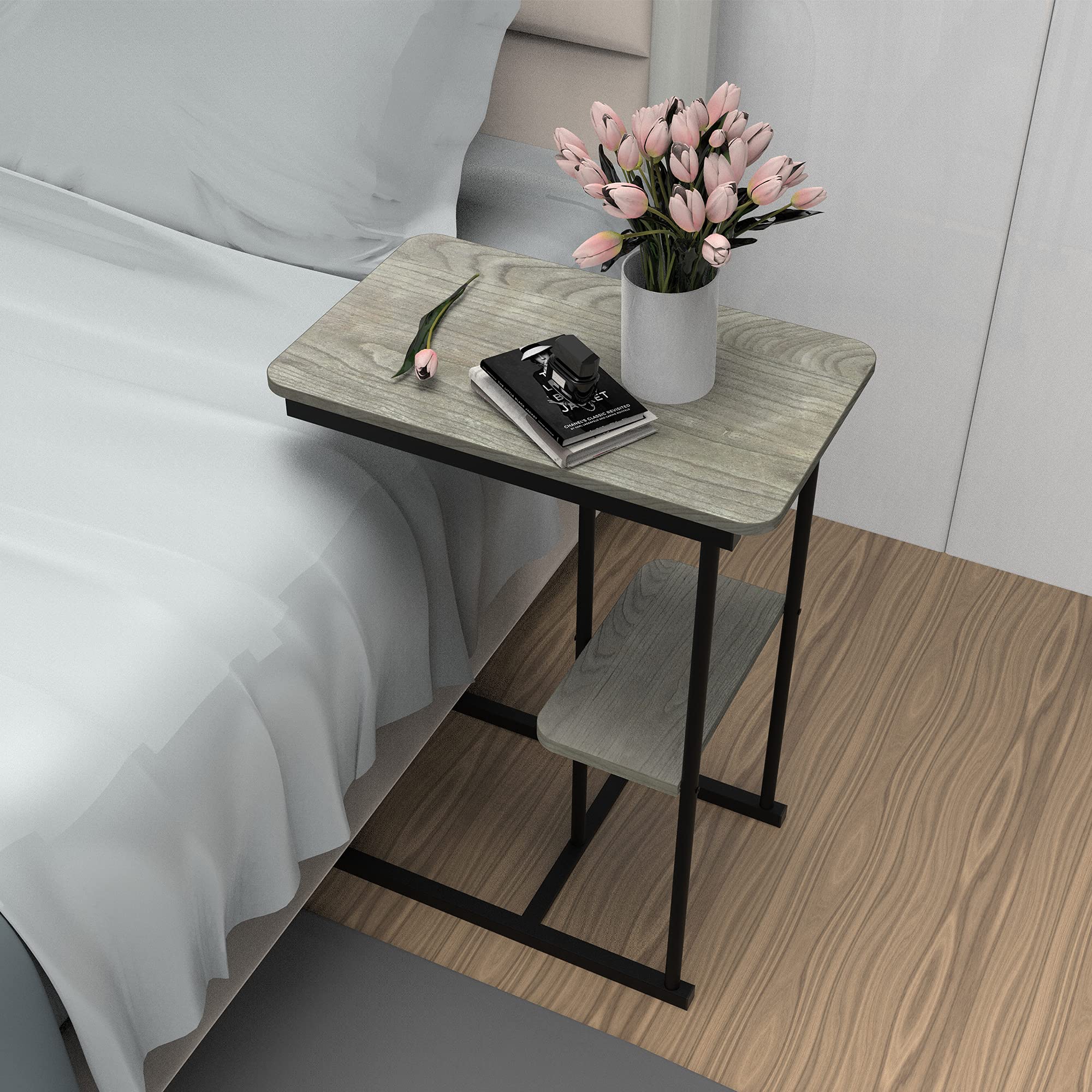 Modern Rectangular C-Shaped Side Table with Storage Basket - Portable Metal End Table for Sofa, Bed & Lounge - Grey Laptop Holder & Snack Table for Living Room, Bedroom & Office Use