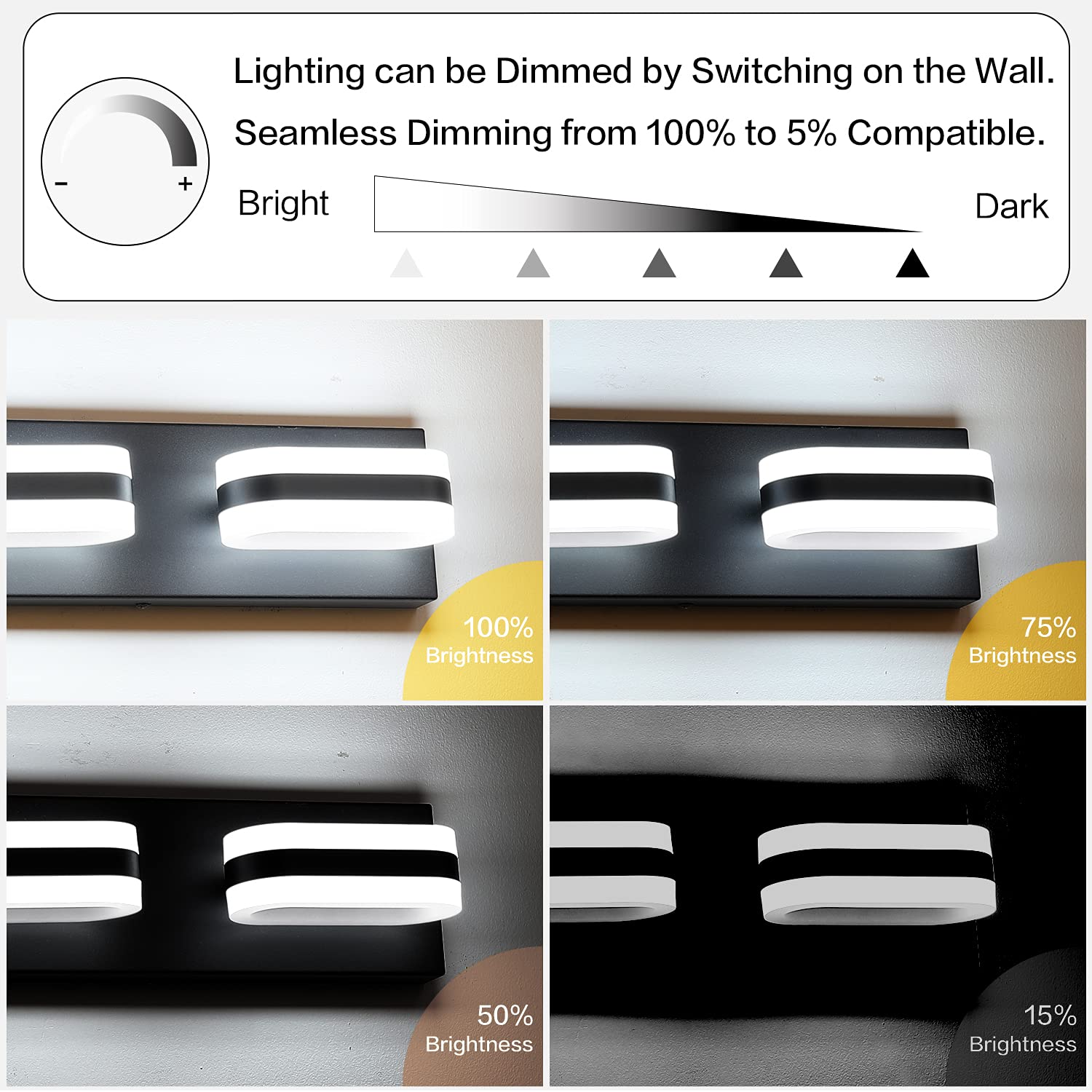 PRESDE 3-Light Modern Black Dimmable LED Bathroom Vanity Light Fixture - Over Mirror Wall Lighting (Cool White 6000K) for Bathroom, Powder Room & Dressing Area