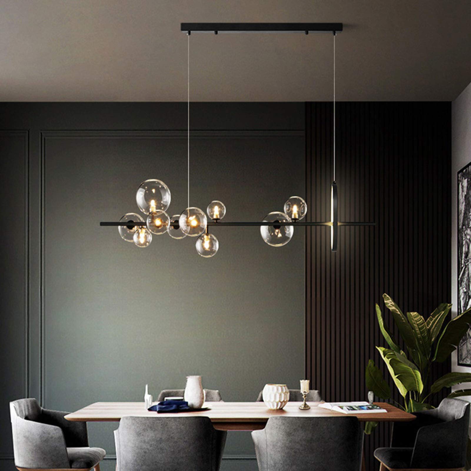 Modern Linear LED Chandelier Ceiling Light with Clear Glass Globe - Black Nordic Style Dining Room Pendant Light for Kitchen Island, Bedroom, Living Room & Office