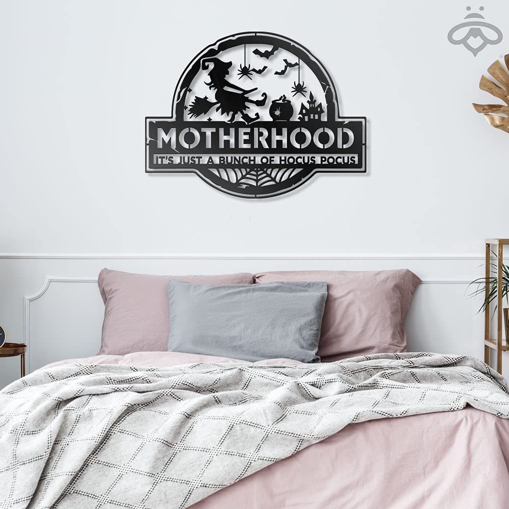 Witch Motherhood Just a Bunch of Hocus Pocus Metal Wall Art - LED Backlit Halloween Decor for Living Room, Outdoor & Home - Scary Black Metal Sign (16x16 inches, No Lights Included) - Perfect for Halloween Parties, Haunted House Decor & Gothic Home Decorations