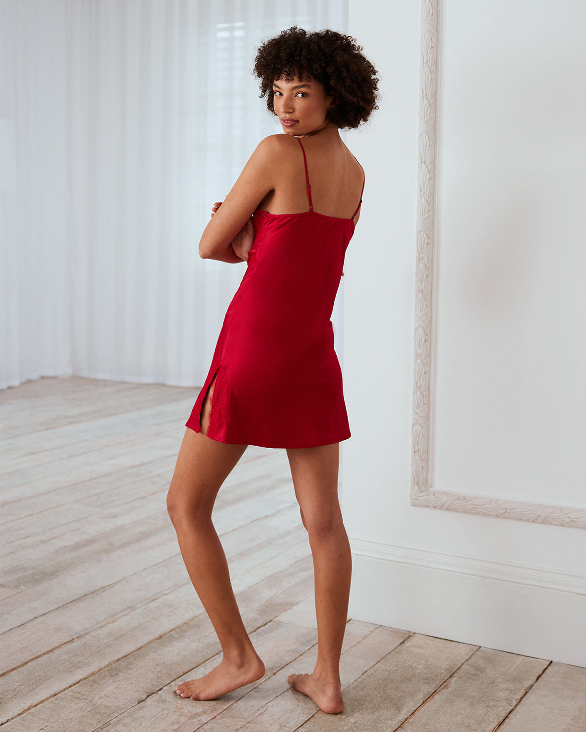 Satin Lace Trim Slip Nightdress - Red Lingerie for Women | Elegant Sleepwear & Bridal Nightgown for Valentine's Day & Honeymoon
