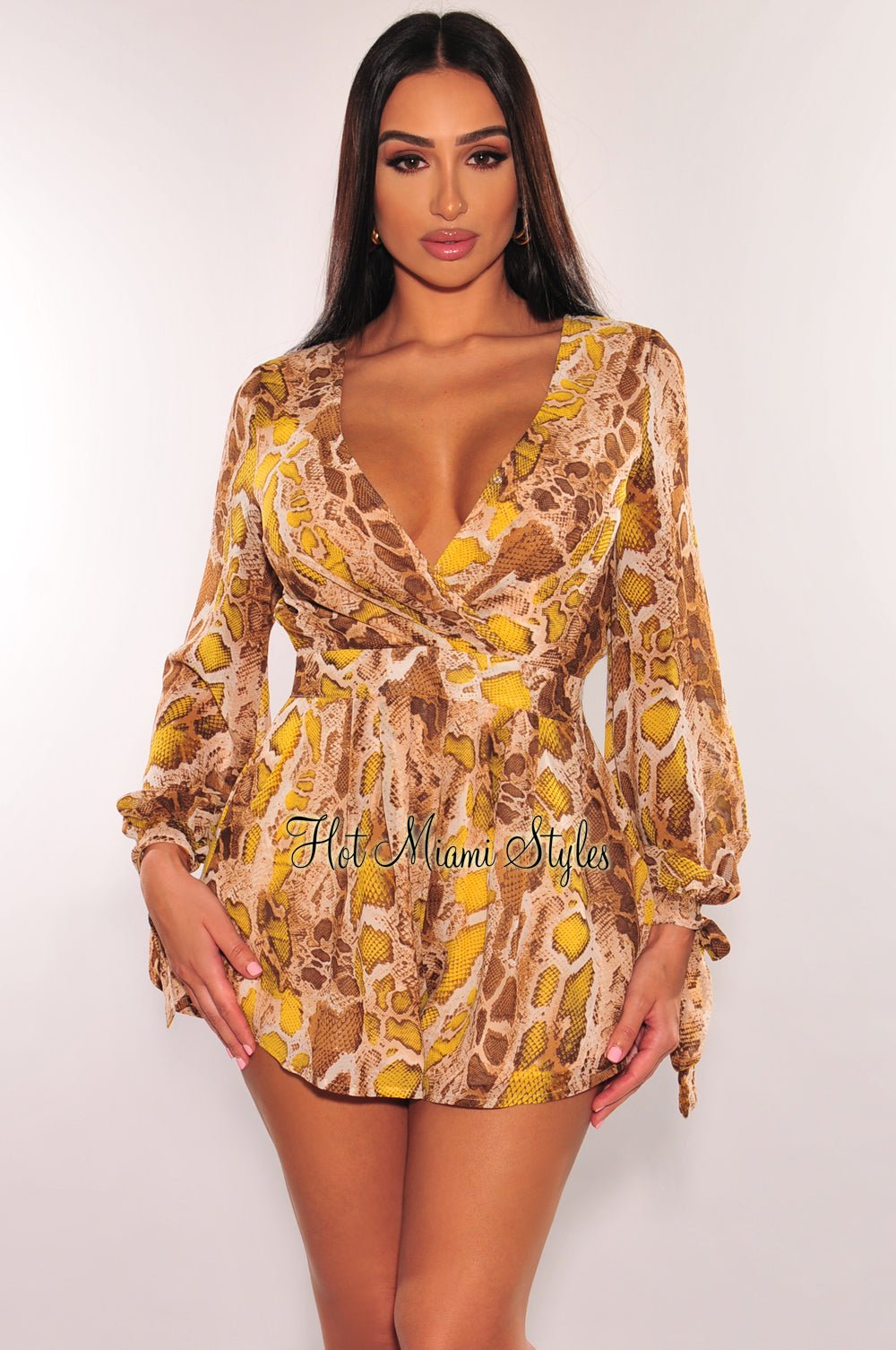 Brown & Yellow Snake Print Cut Out Long Sleeve Romper Jumpsuit - Women's Fashion Bodycon Outfit for Party, Club & Date Night