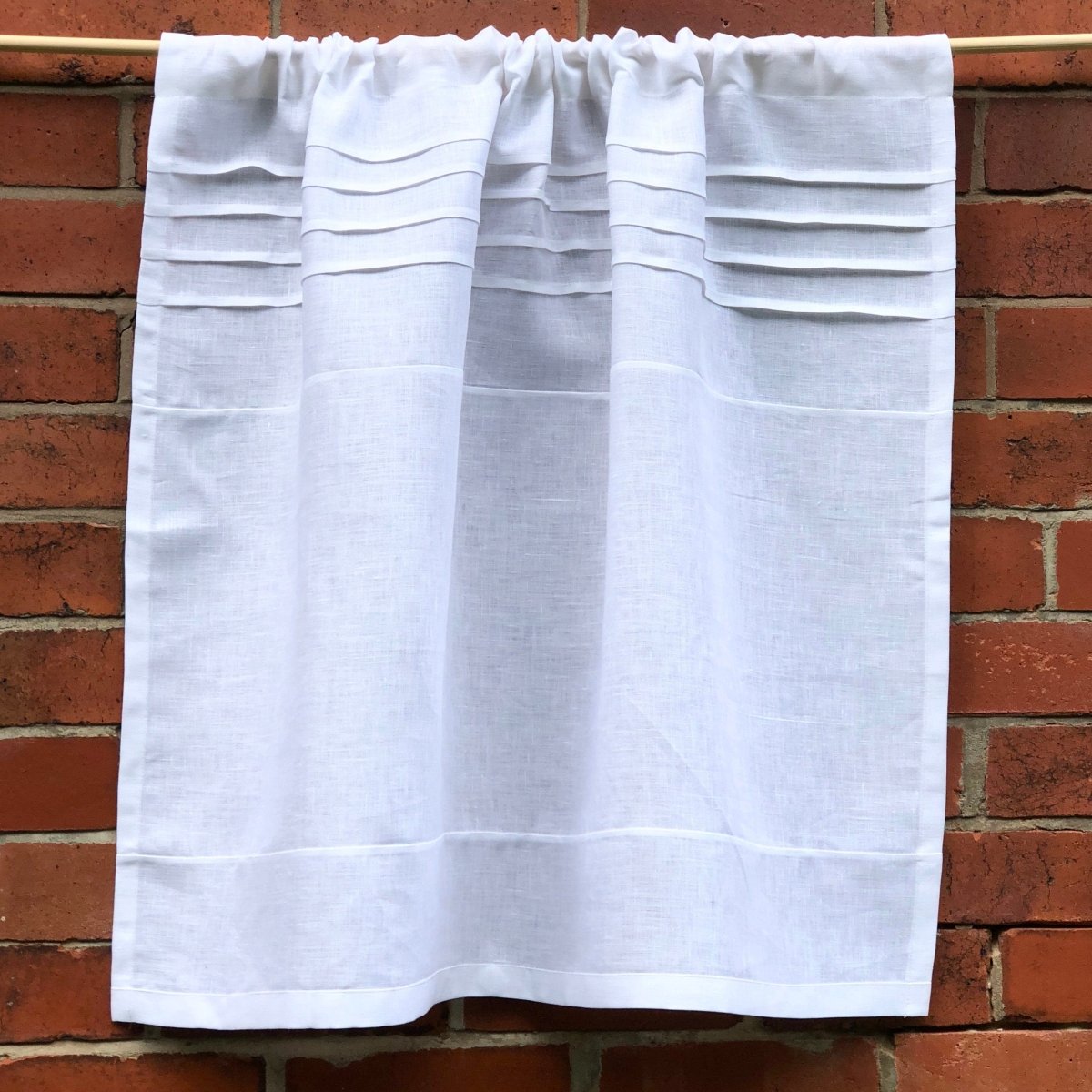 Appleton White Linen Cafe Curtain with Embroidered Monogram - Elegant Kitchen Window Treatment for Farmhouse & Cottage Style Homes
