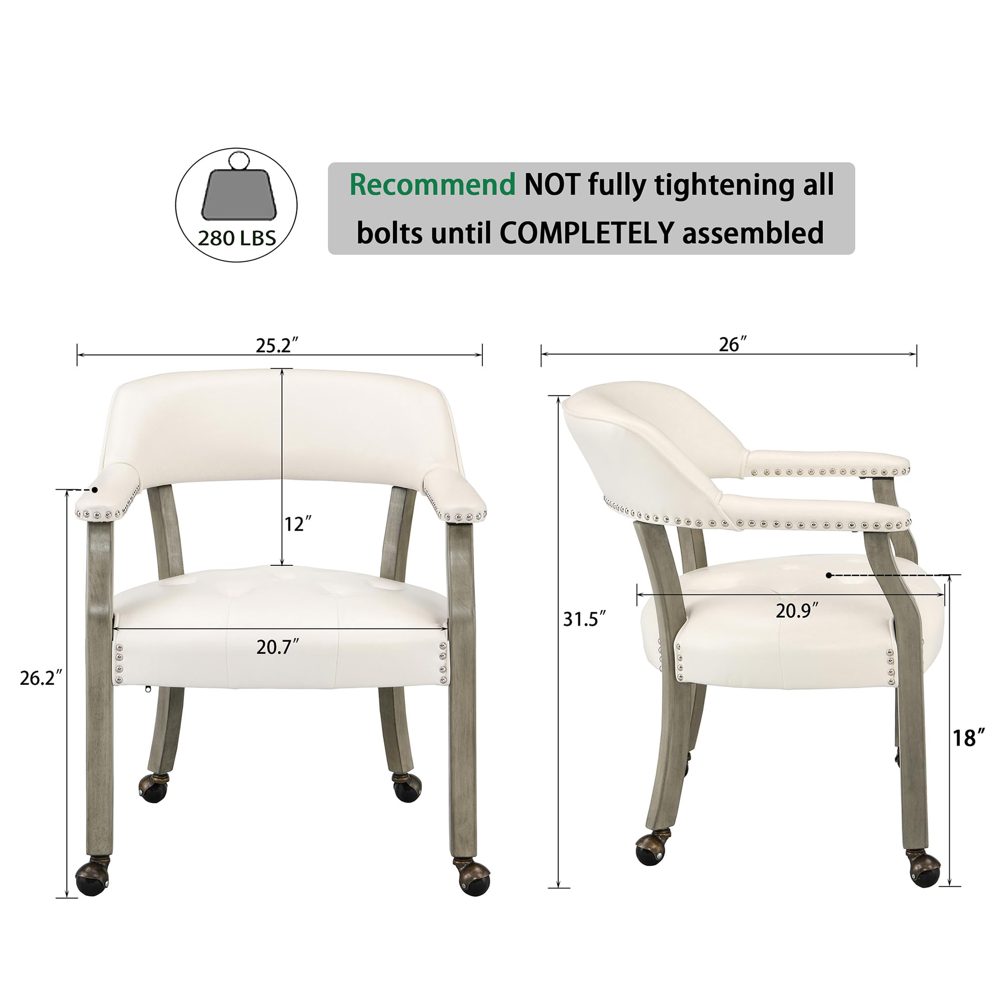White High Back Dining Chair with Casters - Rolling Kitchen & Poker Table Chair, Adjustable Captain's Chair for Dinette Sets | Perfect for Home Kitchen, Office, and Game Rooms