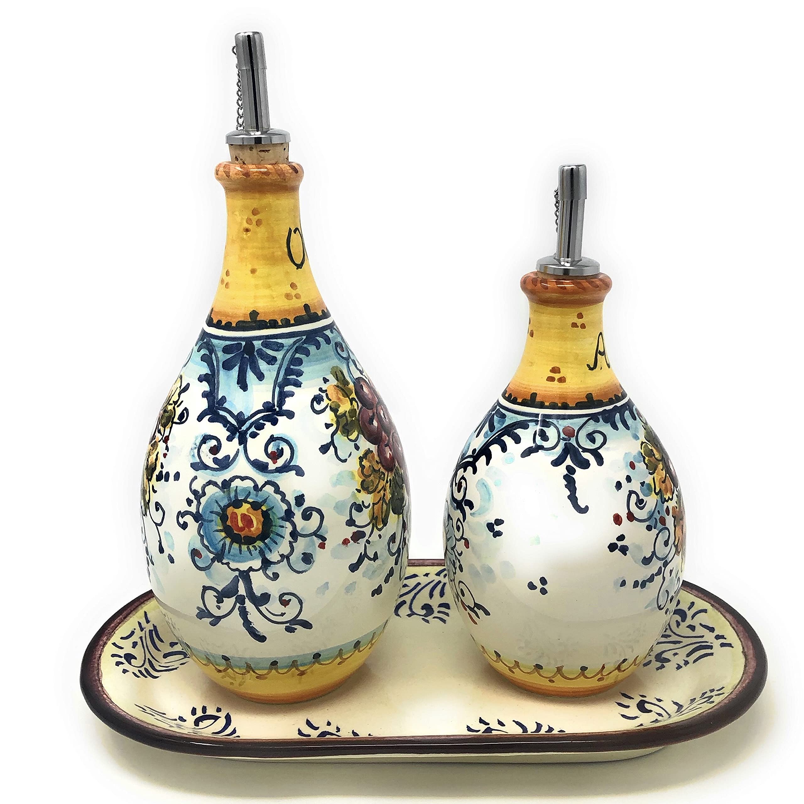 Italian Hand-Painted Ceramic Oil & Vinegar Cruet Set - Tuscan Grape Design from Montalcino, Italy | Perfect for Kitchen Decor, Gourmet Cooking & Italian-Themed Dinner Parties
