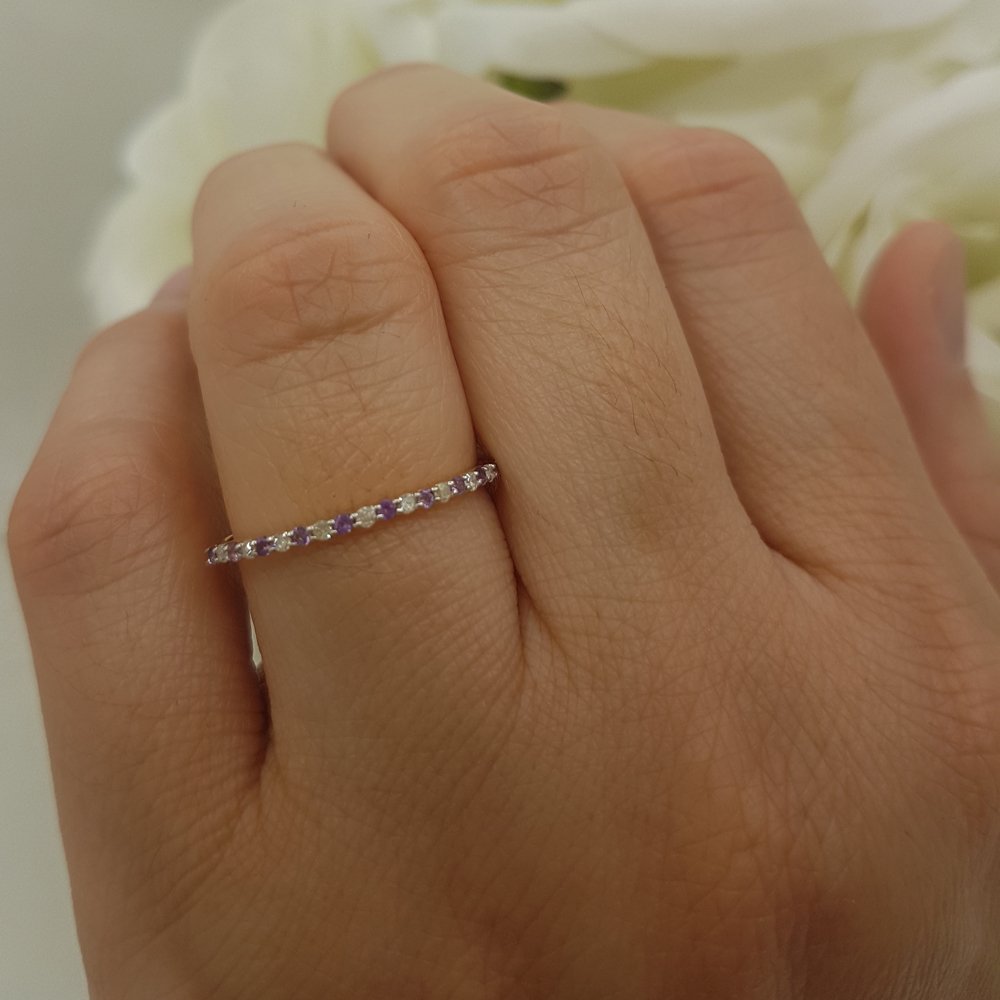 Dazzlingrock 14K Solid Gold Round Amethyst & White Diamond Stackable Wedding Band for Women - Anniversary, Engagement, Promise Ring - Perfect for Bridal Jewelry, Gift Giving & Special Occasions
