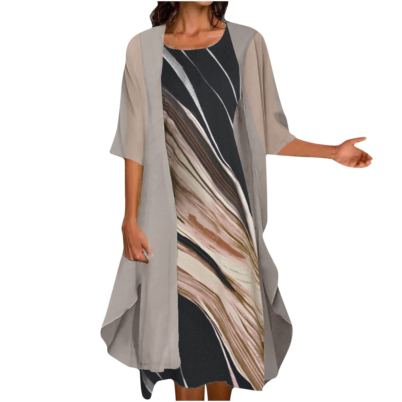 Women's Casual Midi Dress Set - Crewneck Printed Flowy Short Sleeve Dress with Mesh Jacket 2 Piece Outfit for Wedding Guest, Summer Party & Beach Vacation
