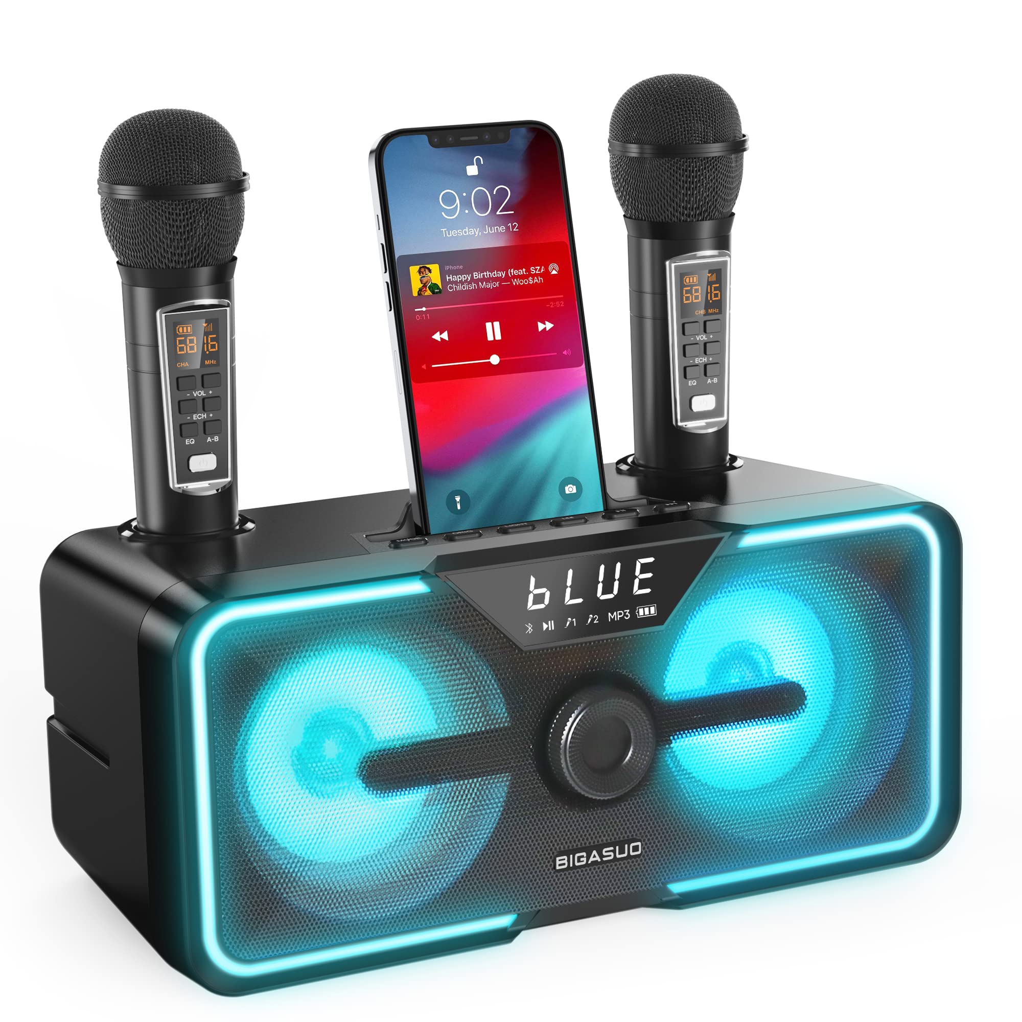 BIGASUO Portable Bluetooth Karaoke Machine with 2 UHF Wireless Microphones - PA Speaker System with LED Lights for Home Party, Wedding, Church & Outdoor Use | Perfect for Adults & Kids Singing Entertainment
