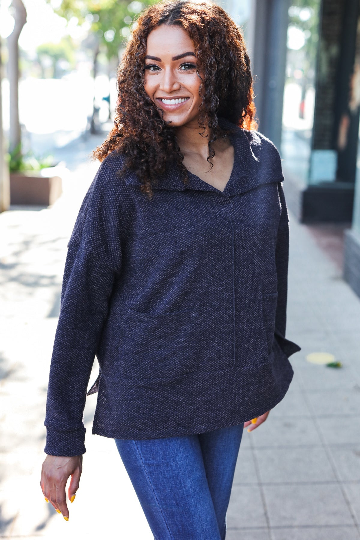 Easy Living Charcoal Textured Knit Notch Neck Oversized Collar Sweater | Women's Chunky Knit Pullover | Cozy Winter Fashion for Casual Outings & Coffee Dates