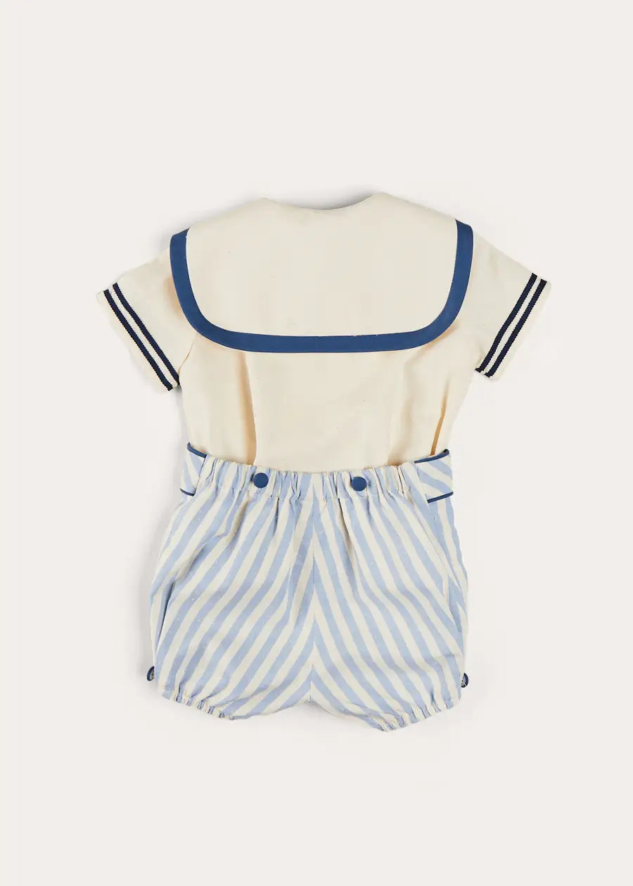 Blue Regency Stripe Mariner Collar Two-Piece Set with Bloomers for Baby Girls 6 Months to 3 Years | Vintage-Inspired Outfit for Photoshoots, Parties & Special Occasions