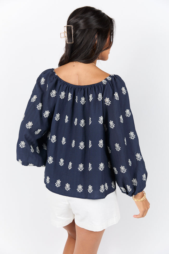 Navy Blue Embroidered Woven Popover Blouse for Women - Elegant Casual & Office Wear - Perfect for Work, Dates & Special Occasions