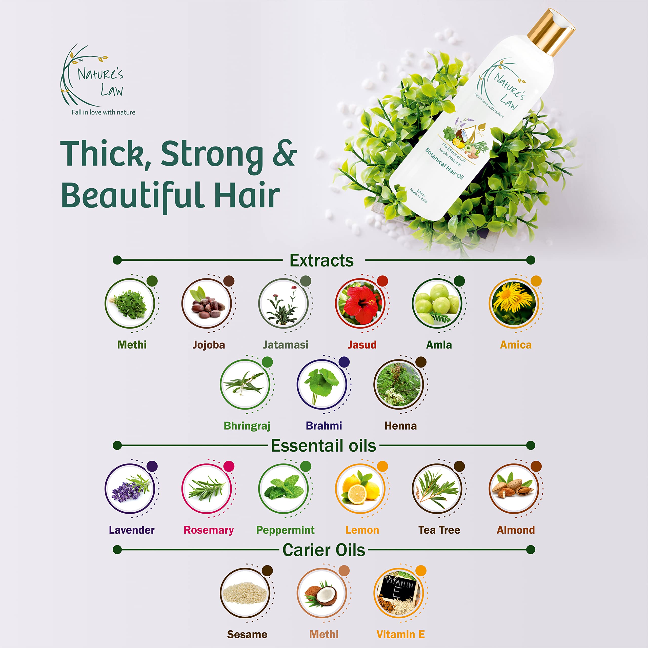 Nature's Law 100% Natural Botanical Hair Growth Oil - Dandruff & Hair Fall Control, Mineral & Silicon Free for All Hair Types (Men & Women, 200ml) - Promotes Thicker, Healthier Hair for Daily Care & Scalp Treatment