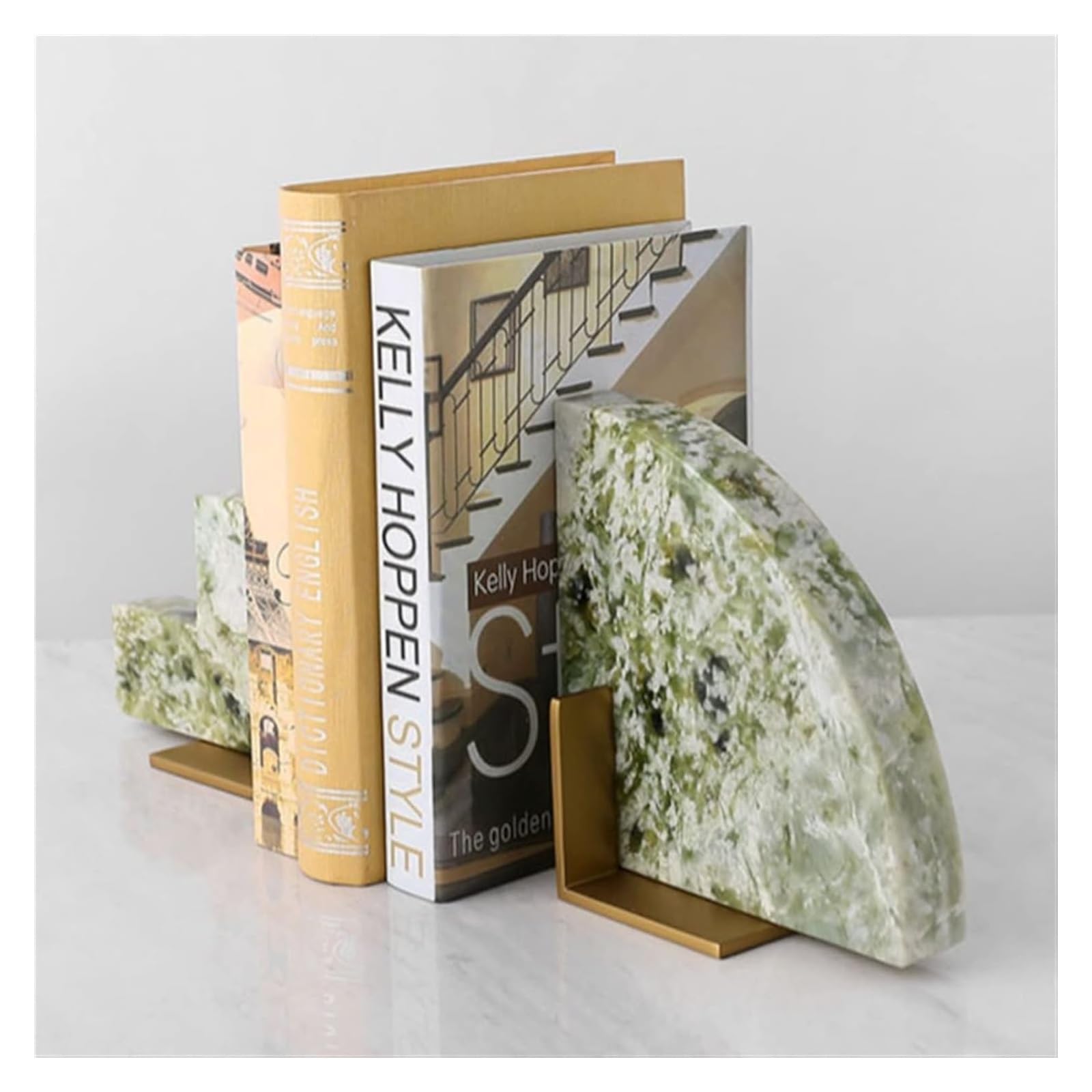 Geometric Marble & Brass Bookends - Decorative Office Desk & Bookshelf Organizer for Home, Office, or Library | Stylish Book Stand & Shelf Decor Accessory