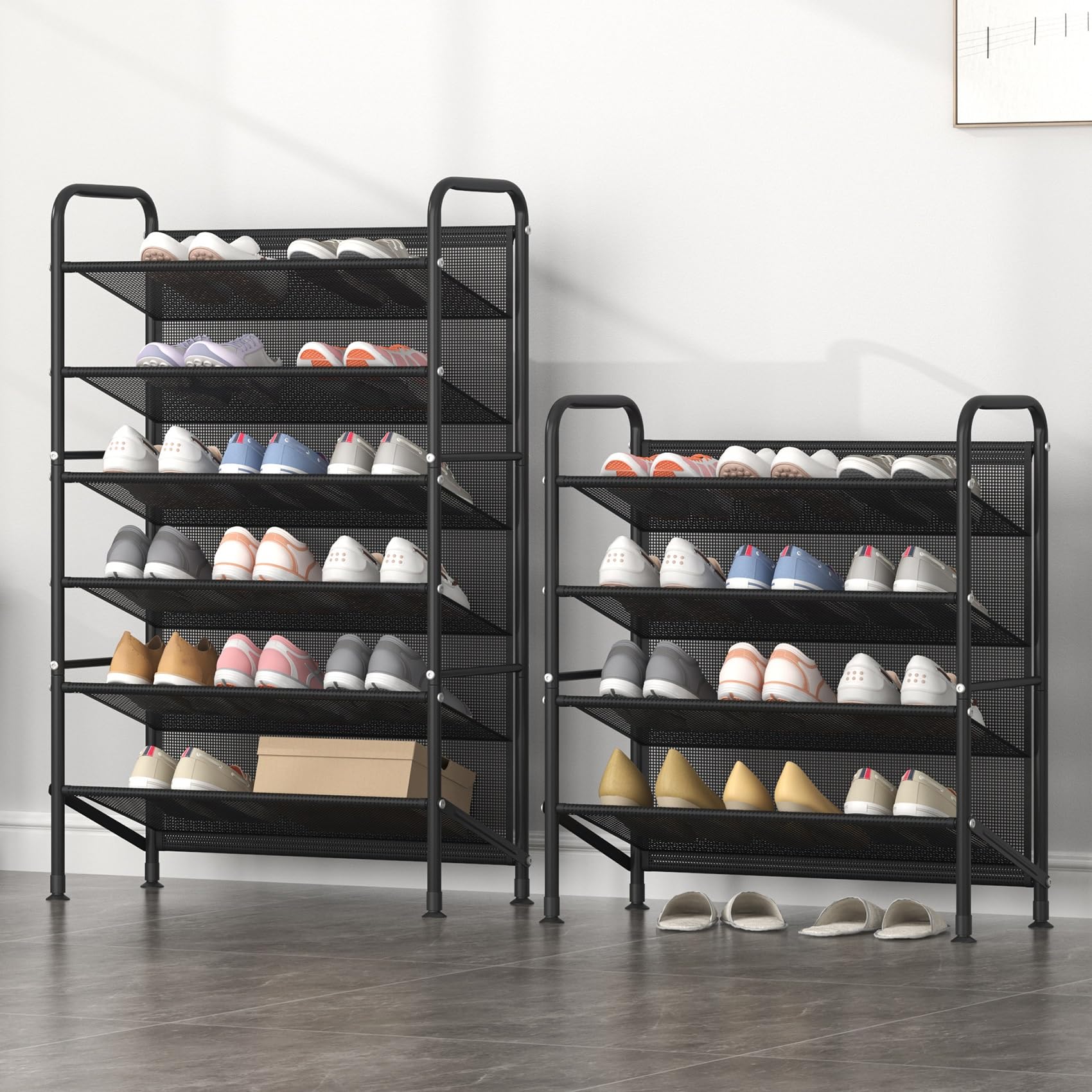 4-Tier Metal Shoe Rack Organizer - Space Saving Narrow Shoe Storage Shelf for Closet, Entryway, Hallway & Dorm Room - Durable Mesh Fabric Design (Black) - Perfect for Small Spaces & Apartment Living