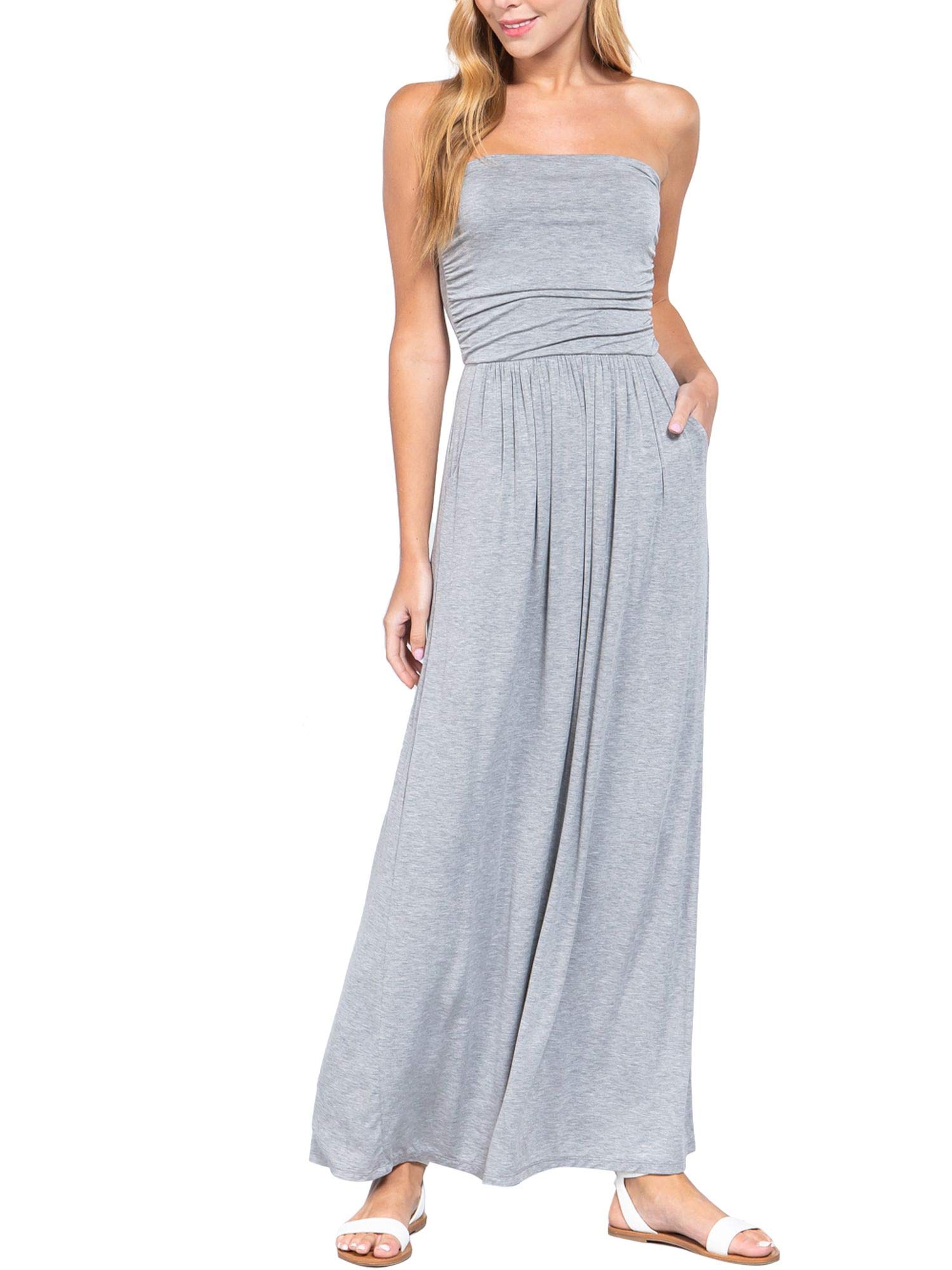 FashionMille Women's Strapless Tube Long Maxi Dress with Pockets - Elegant Summer Beach Wedding Party Formal Wear