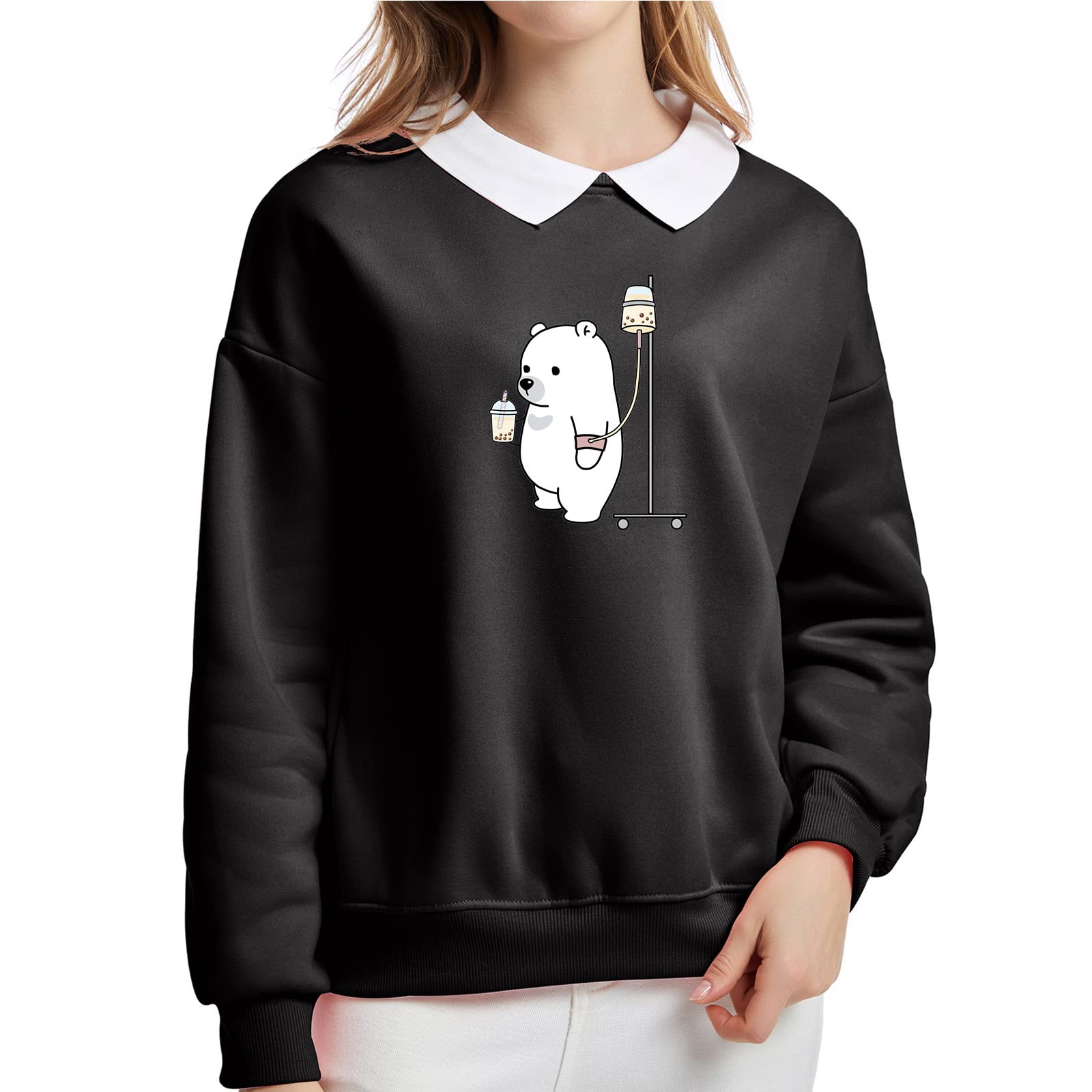 Cute Bear Milk Tea Print Graphic Sweatshirt for Teen Girls & Women - Loose Pullover Top with Turndown Collar | Fall Winter Fashion | Casual Wear, School Outfits, Coffee Dates