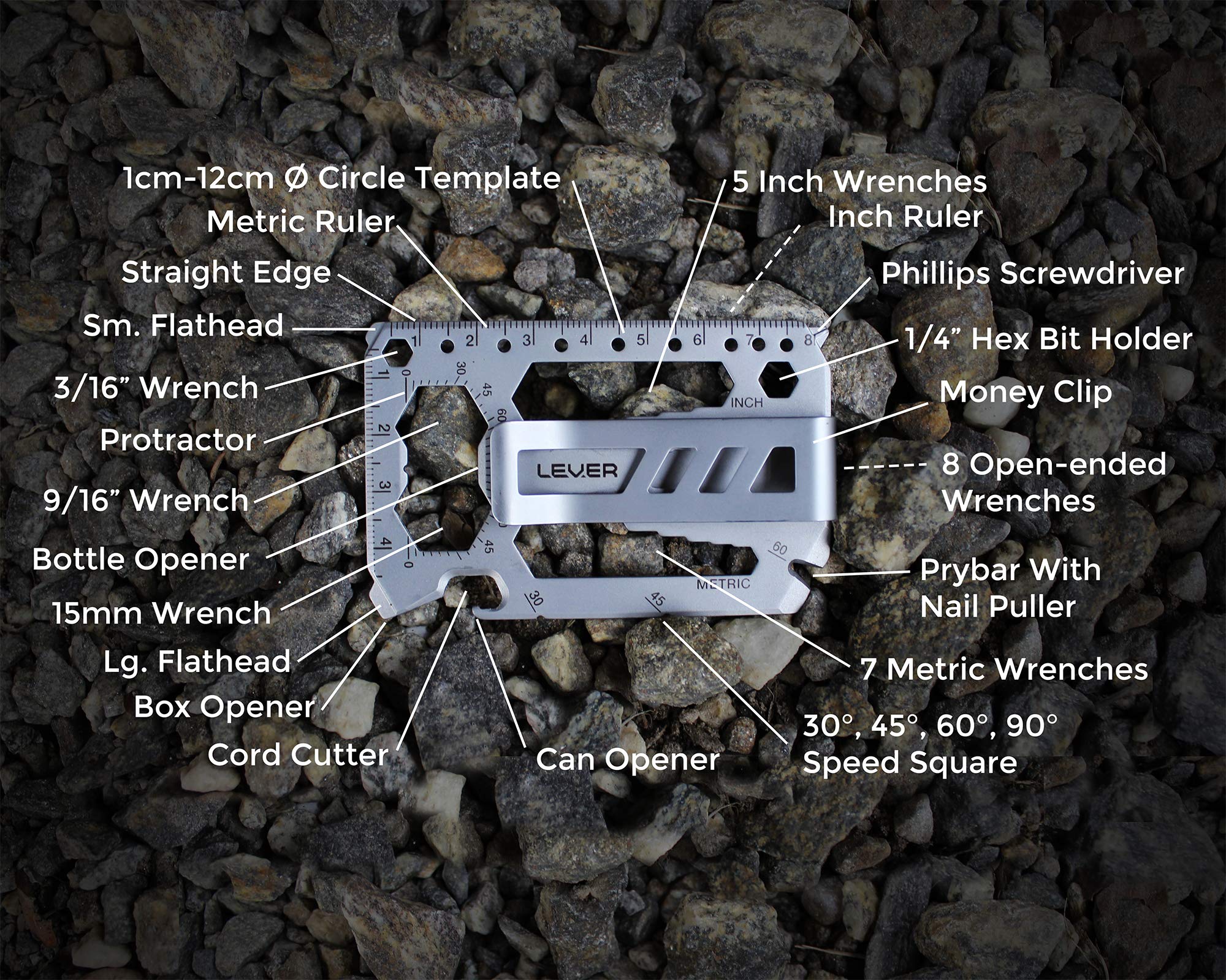 40 in 1 Multitool Credit Card with Money Clip - Personalized Engraved Stainless Steel Tool Card for EDC, Camping & Survival - Custom Gift by Lever Gear (Silver)