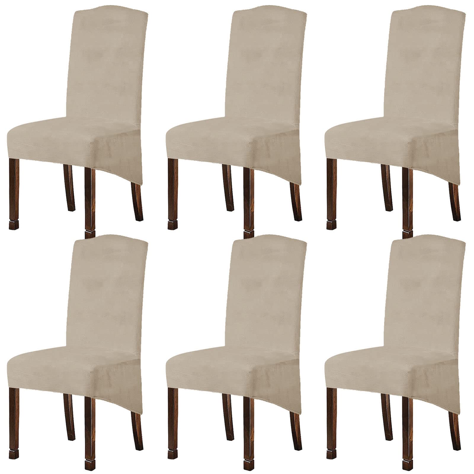 HUOLEO Velvet XL Dining Chair Covers - Plush Stretch Slipcovers for High Back Chairs, Washable & Removable Seat Protectors (Set of 6, Beige) - Perfect for Restaurants, Kitchens, Weddings & Banquets