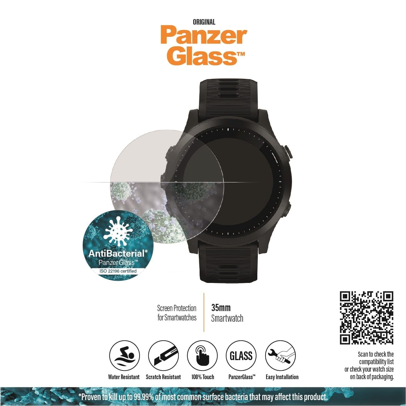 PanzerGlass 3605 Universal Smart Watch Screen Protector - Scratch Resistant, Tempered Glass, 1-Pack - Perfect for Apple Watch, Samsung Galaxy Watch & Fitbit Versa (Workout, Running, Swimming Protection)