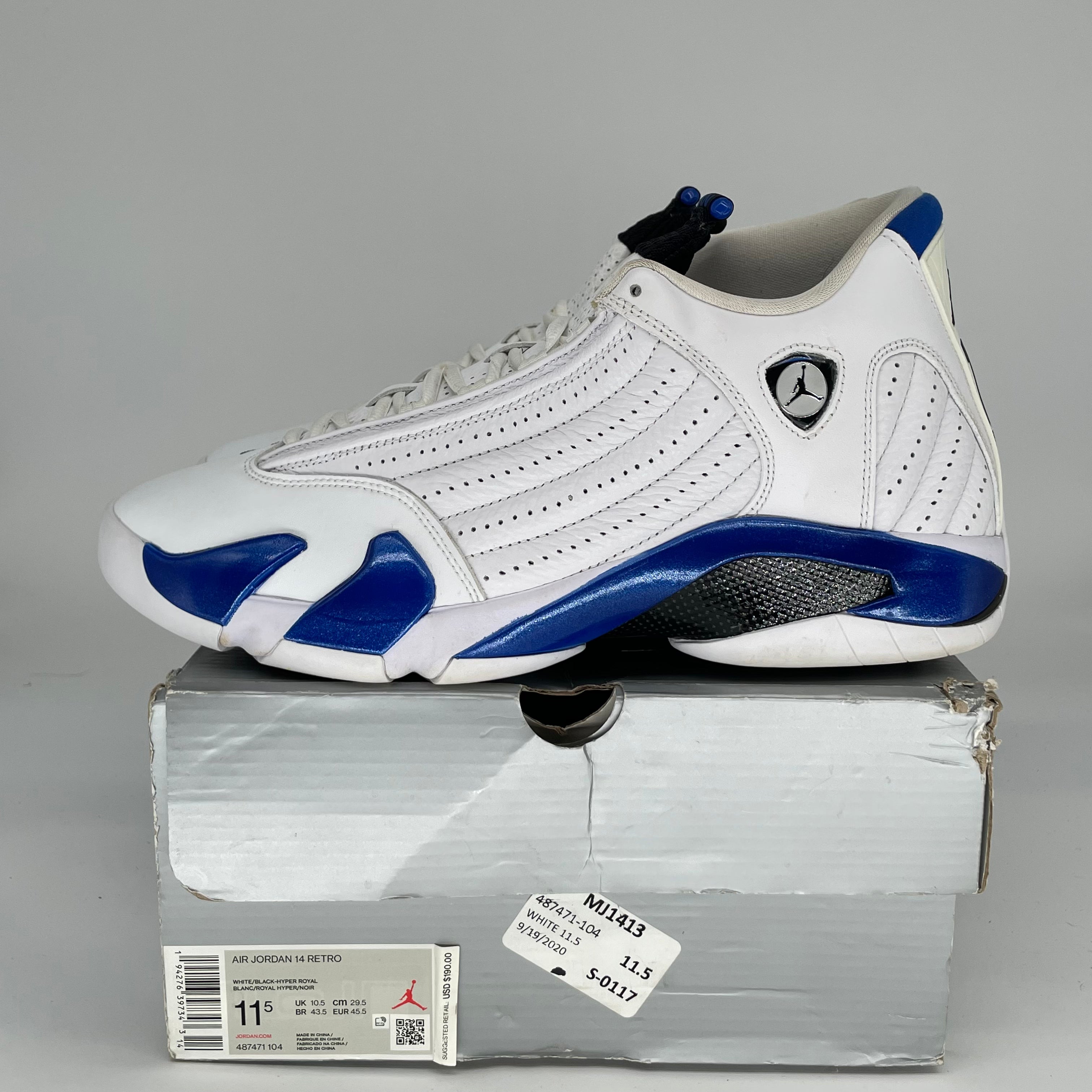 Original Title: AIR JORDAN 14 WHITE HYPER ROYAL SIZE 11.5 487471 104   Optimized Title: **Air Jordan 14 Retro Men's Basketball Shoes - White/Hyper Royal - Size 11.5 (487471-104) | Perfect for Streetwear & Court Performance**