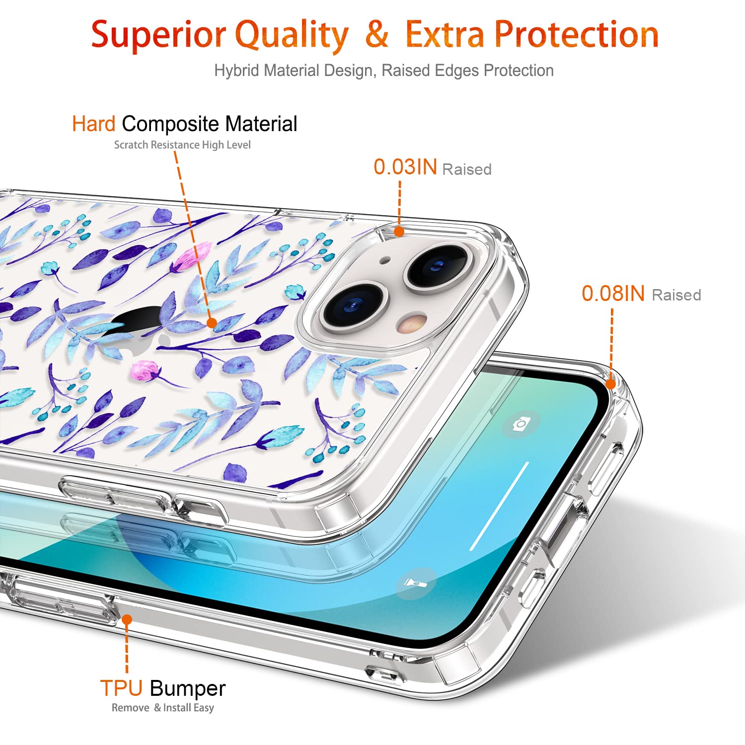 GiiKa iPhone 13 Mini Case with Screen Protector - 5.4 Inch Clear Full Body Shockproof Protective Case for Women, Floral Design Hard Case with TPU Bumper Cover - Perfect for Everyday Use, Travel & Outdoor Activities (Blue Floral)