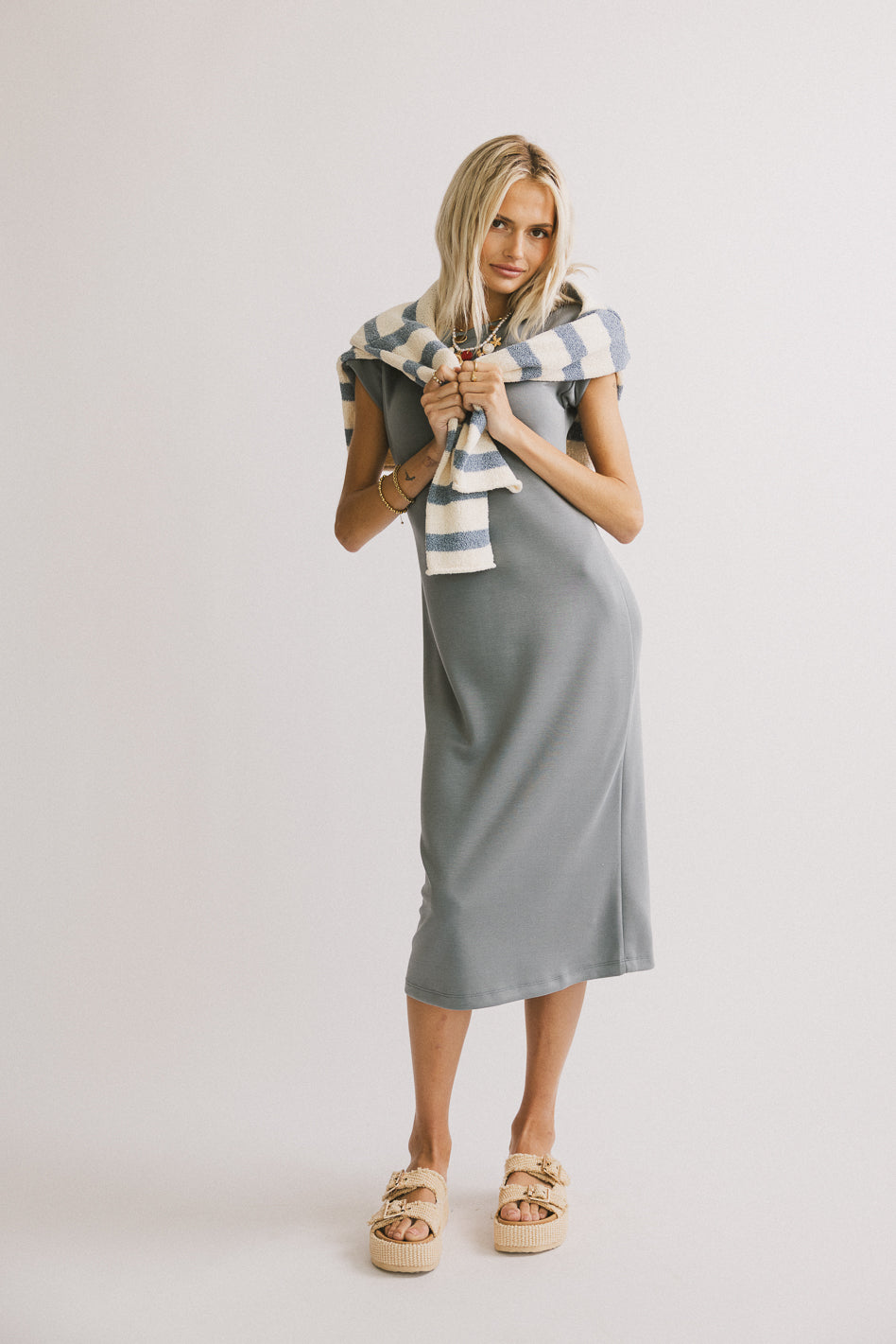 Lauren Tee Shirt Midi Dress in Slate Blue - Women's Casual Short Sleeve T-Shirt Dress for Summer, Beach, and Everyday Wear