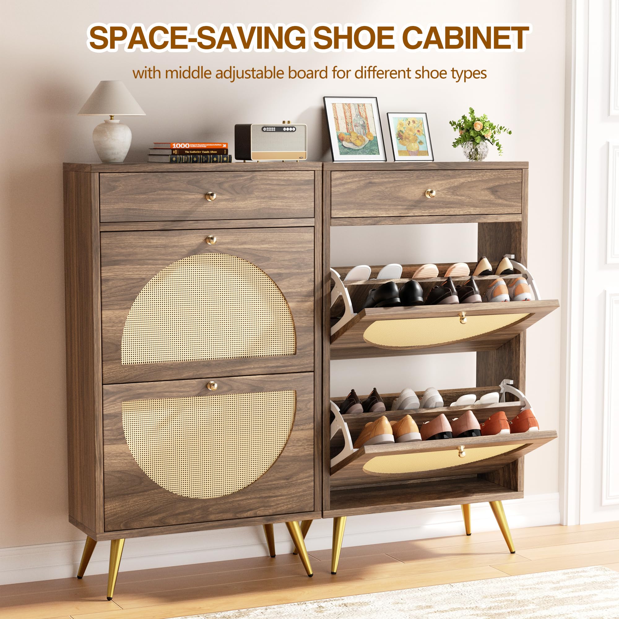 Meilocar Rattan Shoe Cabinet with 2 Flip Doors & 1 Drawer - 3-Tier Adjustable Shelf Shoe Storage Organizer - Freestanding Slim Shoe Rack for Entryway, Closet, Hallway - Perfect for Small Spaces & Home Organization (Walnut)