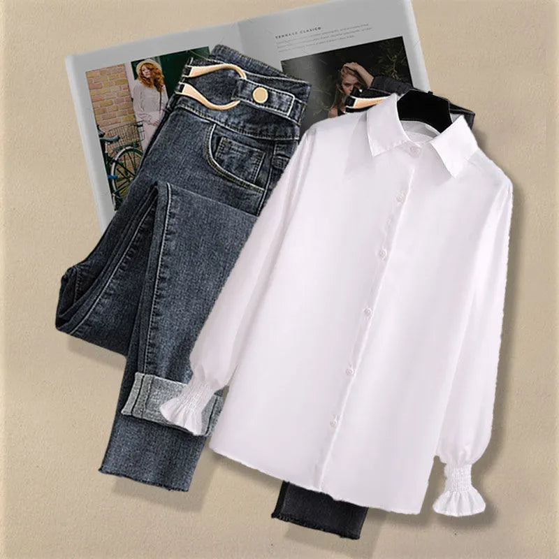Korean Style Autumn Women's 3-Piece Outfit - Chiffon Shirt, Knitted Sweater & Jeans Set, Elegant Tracksuit for Casual Wear | Office, Dating & Fall Fashion