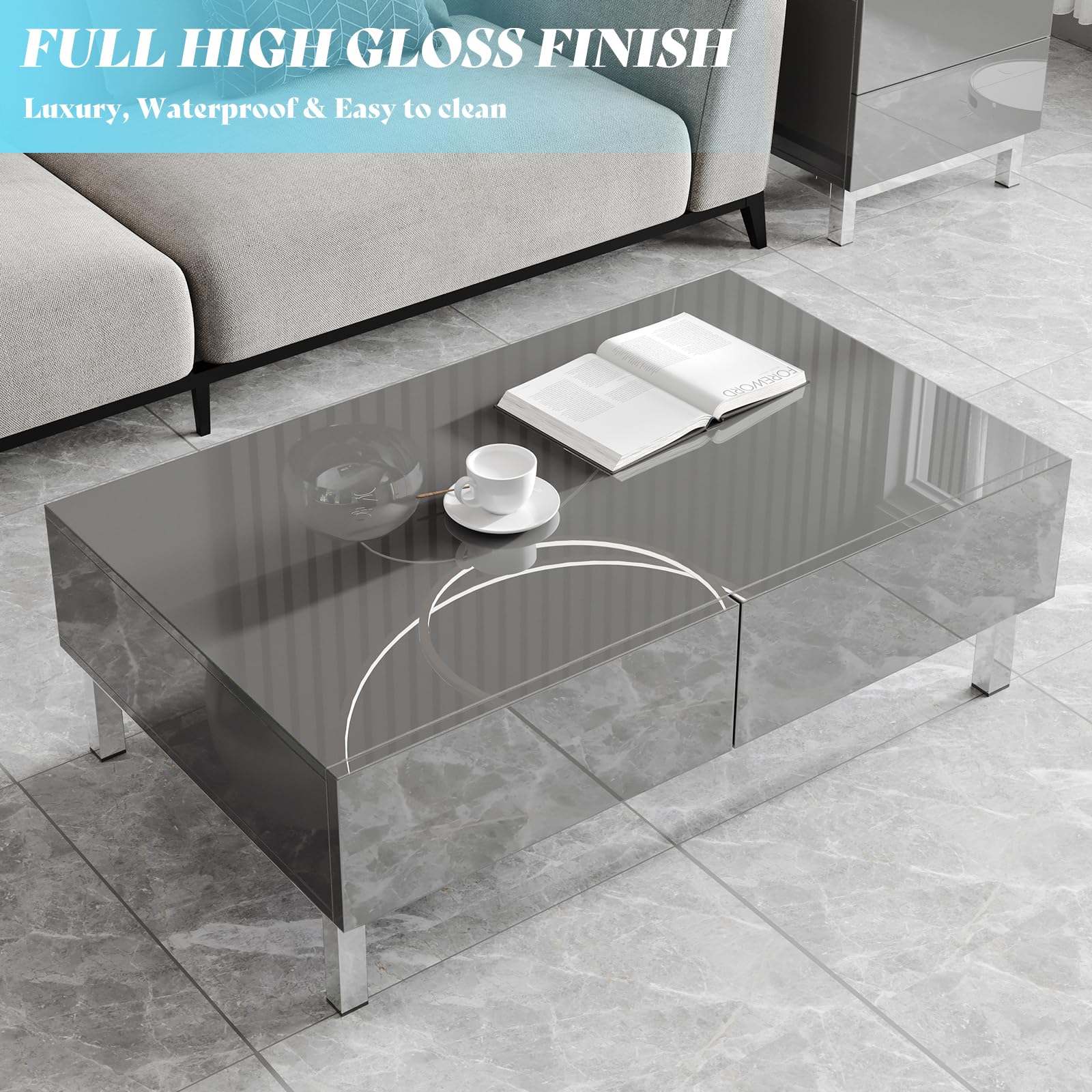 AMERLIFE High Gloss Electroplated 3-Piece Coffee Table Set - Modern Minimalist Living Room Furniture with Center Table & 2 End Tables, Rectangular Sofa Side Tables with Storage Drawers in Gray - Perfect for Small Spaces, Apartments and Contemporary Home Decor